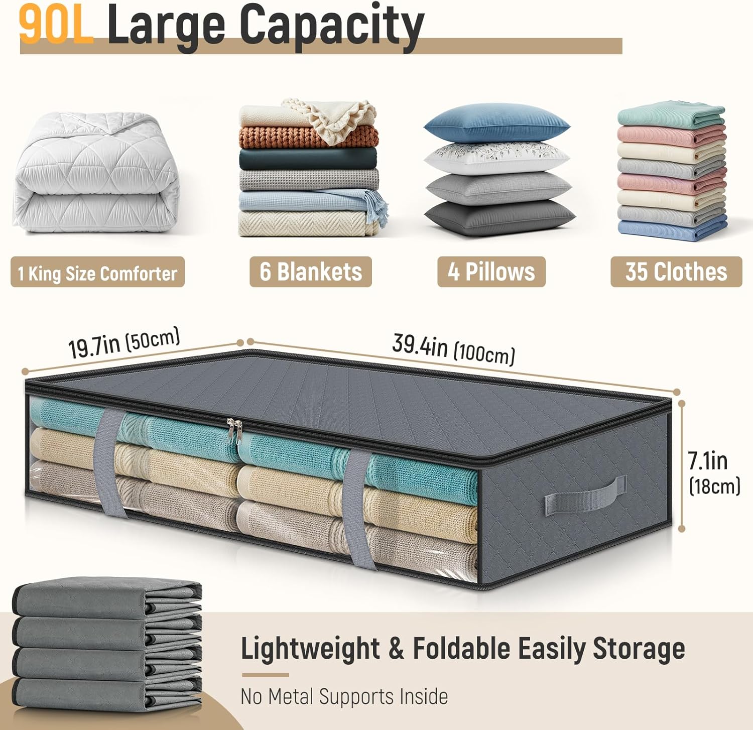 4 Pack 90L Under Bed Storage Containers - Underbed for Clothes, Blankets Closet Organizers and Bags the Bins with Handles & Clear Front - Image 3