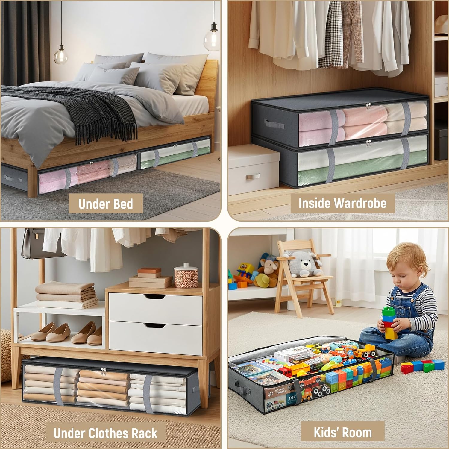 4 Pack 90L Under Bed Storage Containers - Underbed for Clothes, Blankets Closet Organizers and Bags the Bins with Handles & Clear Front - Image 7