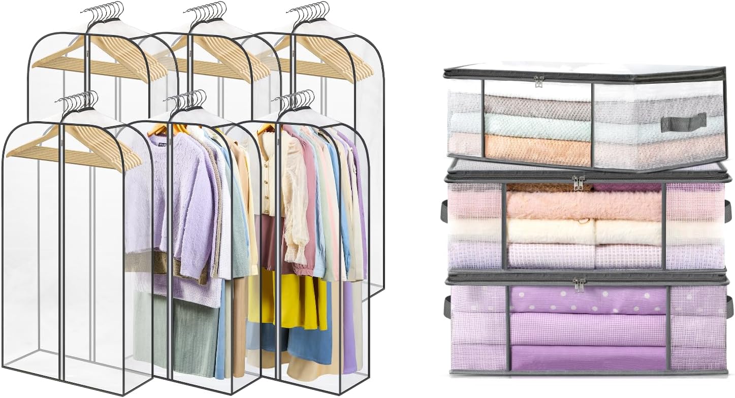 6 Pack Clear Garment Bags-40'' Long, 3 Clothes Storage Bags-35L - - Image 1