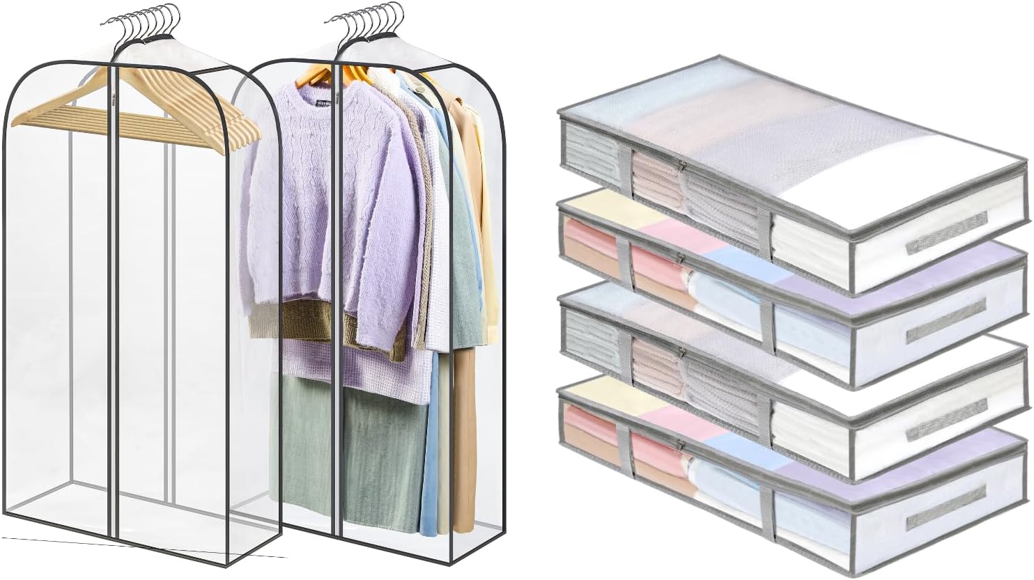 4 Packs Under Bed Storage Containers Bins-55L, 2 Pack Clear Garment Bags-40'' Long - - Image 1