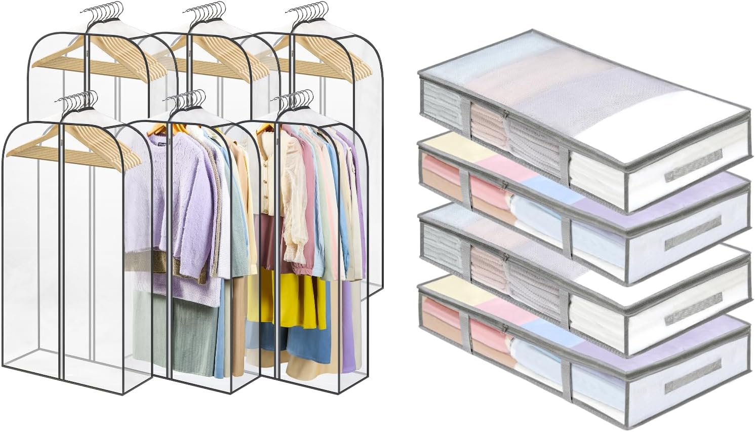 4 Packs Under Bed Storage Containers Bins-55L, 6 Pack Clear Garment Bags-40'' Long - - Image 1
