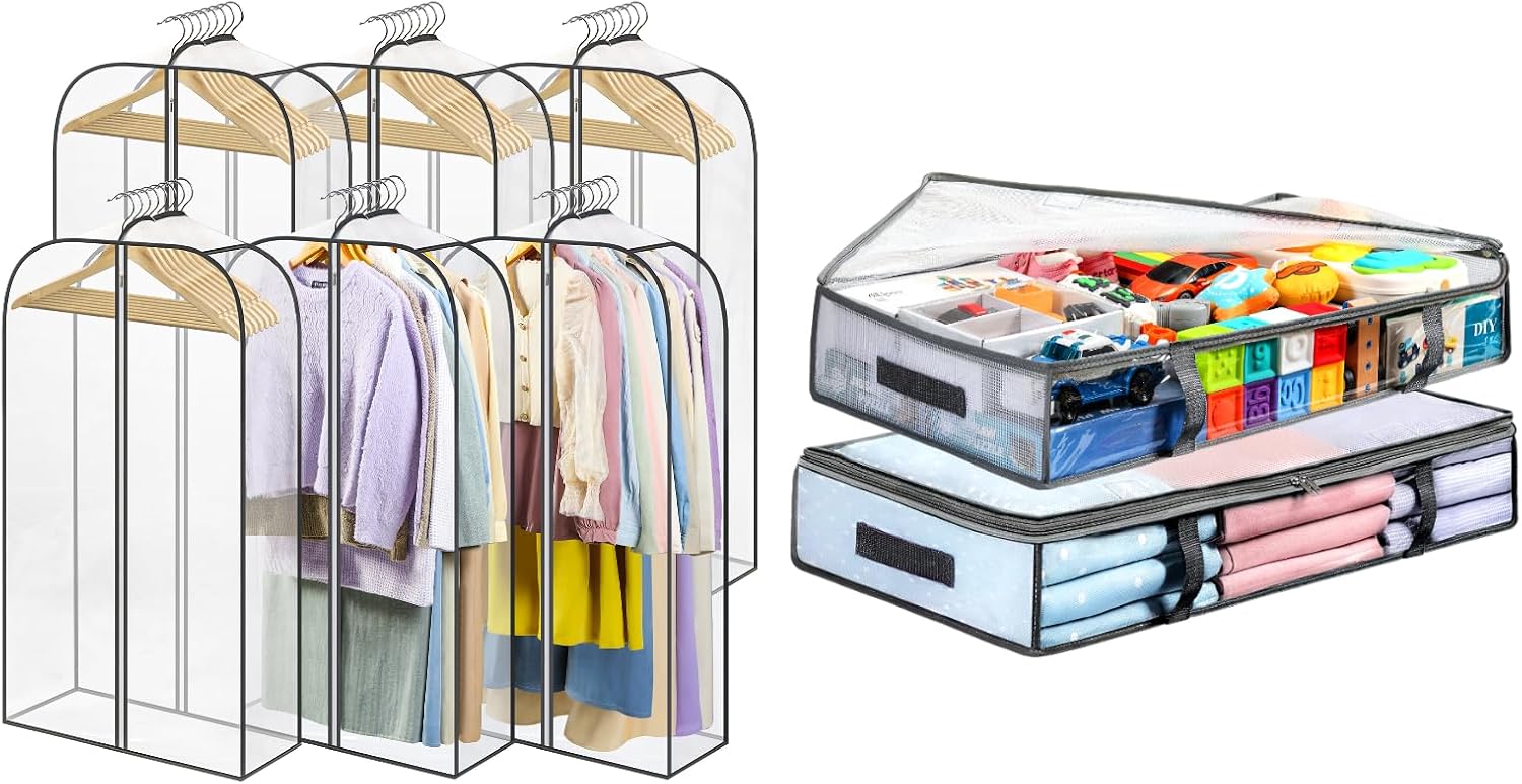2 Packs Under Bed Storage Containers Bins-55L, 6 Pack Clear Garment Bags-40'' Long - - Image 1