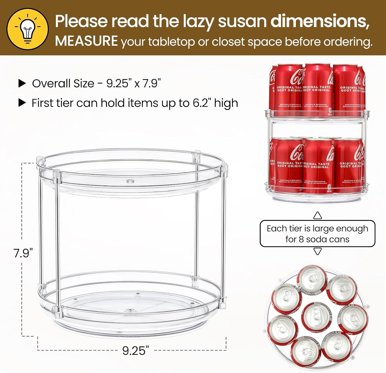 1 Pack 2 Tier Acrylic Clear Lazy Susan, 9.25inch + Pcak 10inch Plastic Susan - - Image 3