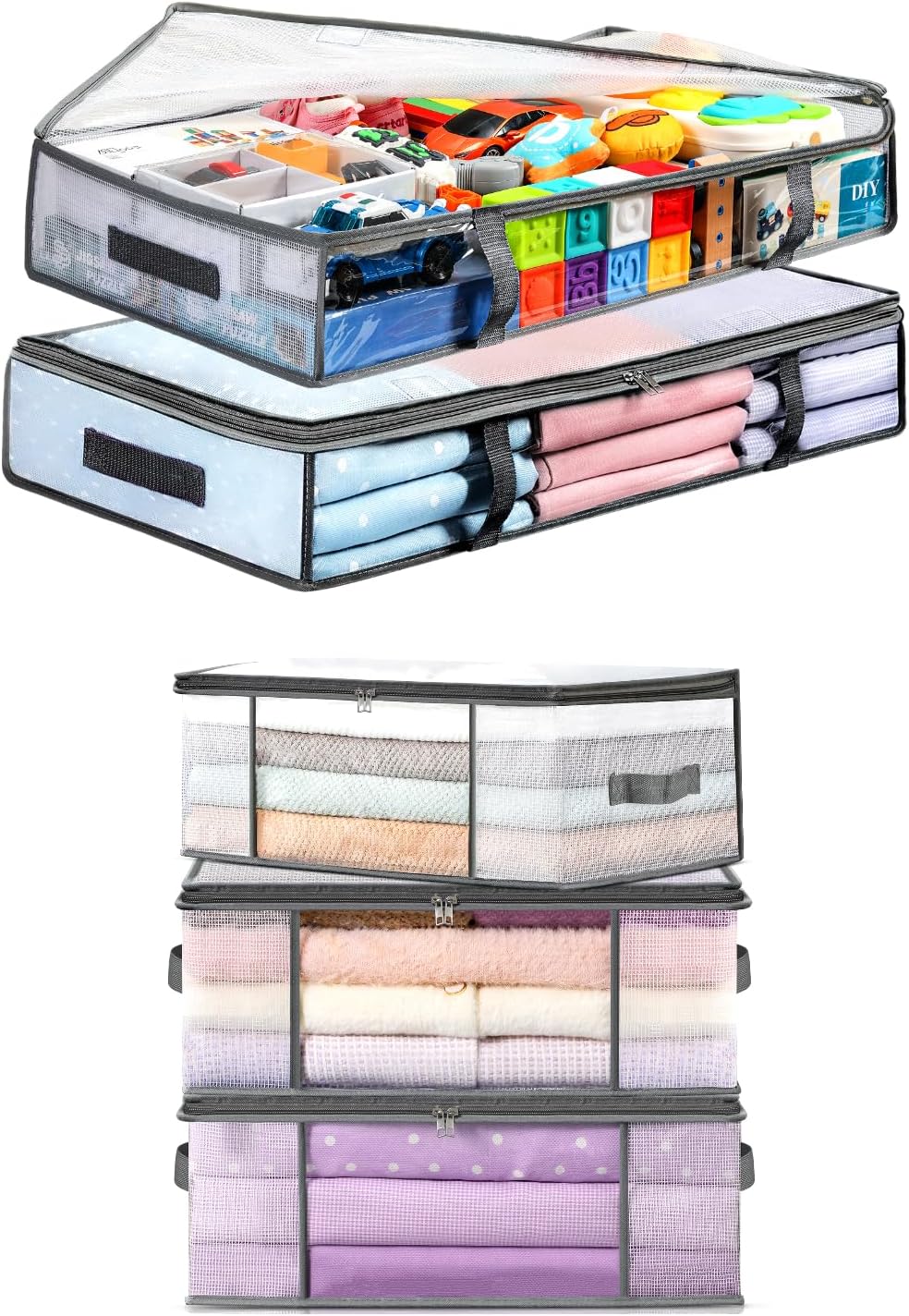2 Pack Under Bed Storage Containers Bins-55L, 3-Pack Clothes Bags-35L - - Image 1