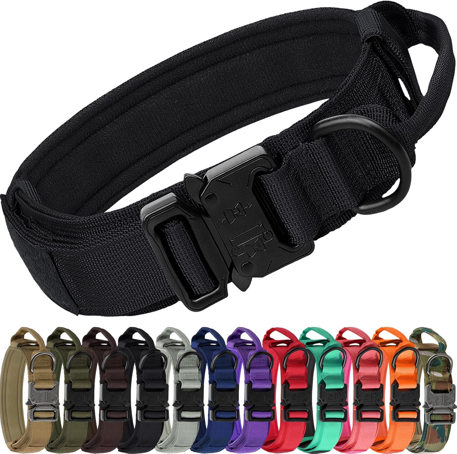 Tactical Dog Collar with Handle and Metal Buckle, Heavy Duty Padded Military 2 Patches for Training, Adjustable Large Dogs, Black, L Black - Image 1