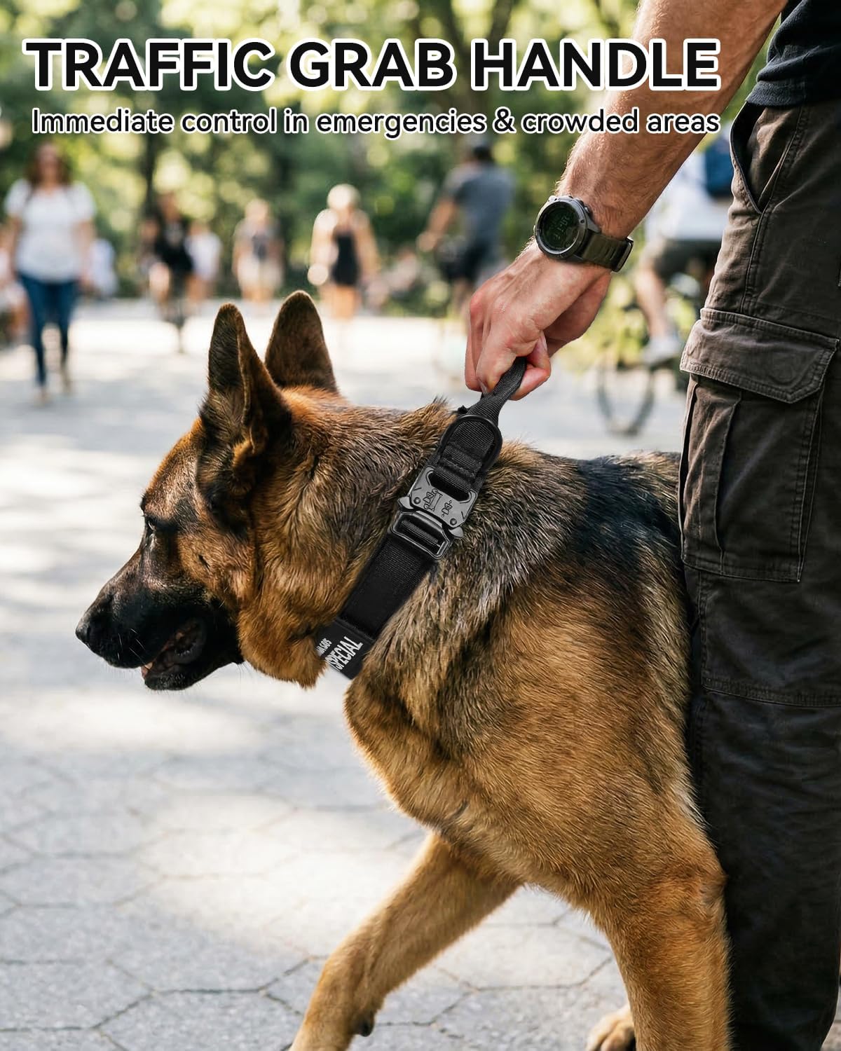 Tactical Dog Collar with Handle and Metal Buckle, Heavy Duty Padded Military 2 Patches for Training, Adjustable Large Dogs, Black, L Black - Image 2