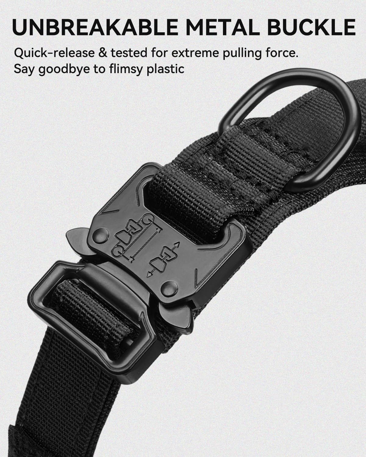 Tactical Dog Collar with Handle and Metal Buckle, Heavy Duty Padded Military 2 Patches for Training, Adjustable Large Dogs, Black, L Black - Image 3