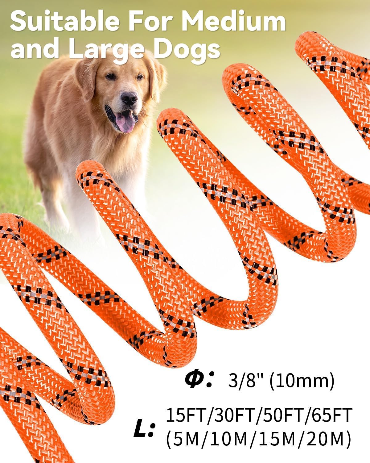 Long Leash for Dog with Removable Padded Handle, Heavy Duty Lead Large Medium Dogs,15FT/30FT/50FT/65FT Reflective Training Play, Camping, Backyard Tie Out, Orange, 30FT Orange - Image 7