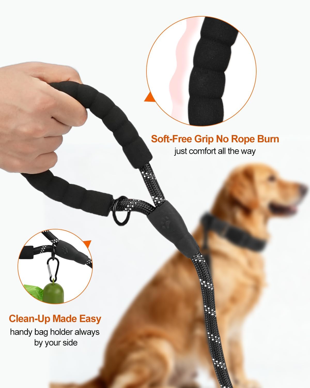Dog Leash for Large Dogs, Heavy Duty Nylon Leashes with Comfortable Padded Handle and Highly Reflective Threads, Ideal Walking Training, Black, 6'×1/2'' Black 6FT×1/2'' (20~120 lbs) - Image 3