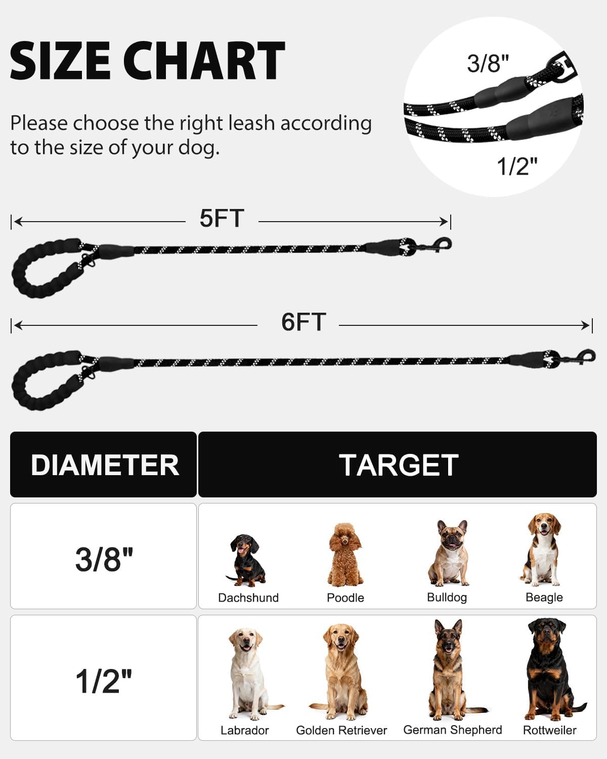 Dog Leash for Large Dogs, Heavy Duty Nylon Leashes with Comfortable Padded Handle and Highly Reflective Threads, Ideal Walking Training, Black, 6'×1/2'' Black 6FT×1/2'' (20~120 lbs) - Image 6