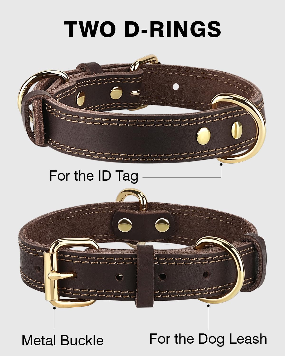 Genuine Leather Dog Collar for Large Dogs, Heavy Duty Thick Solid Power Breeds, Sturdy Adjustable Pet with Metal Pin Buckle, Durable Daily Walking, Brown, L Brown - Image 3