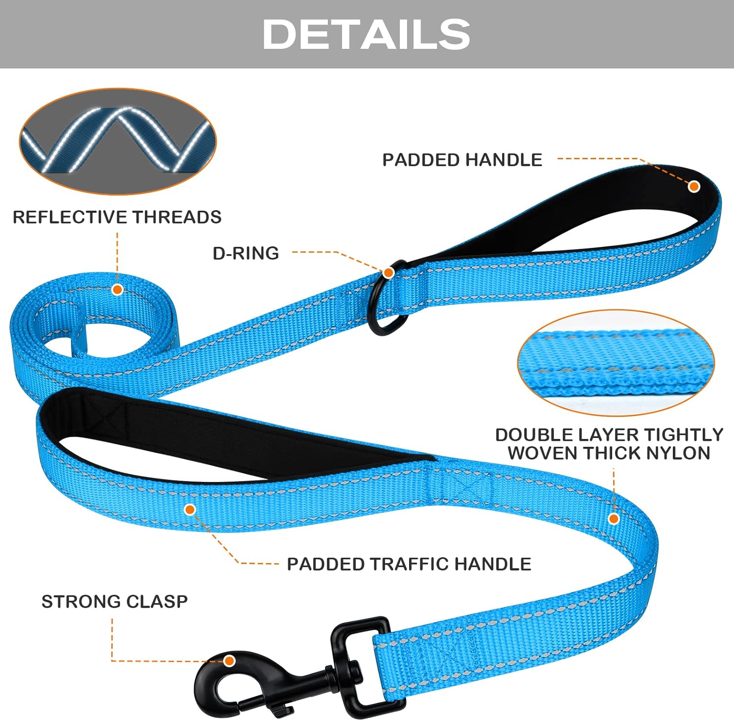 Martingale Dog Collar(12.5-16''), 6FT Double Handle Leash for Training, Sky Blue - - Image 5