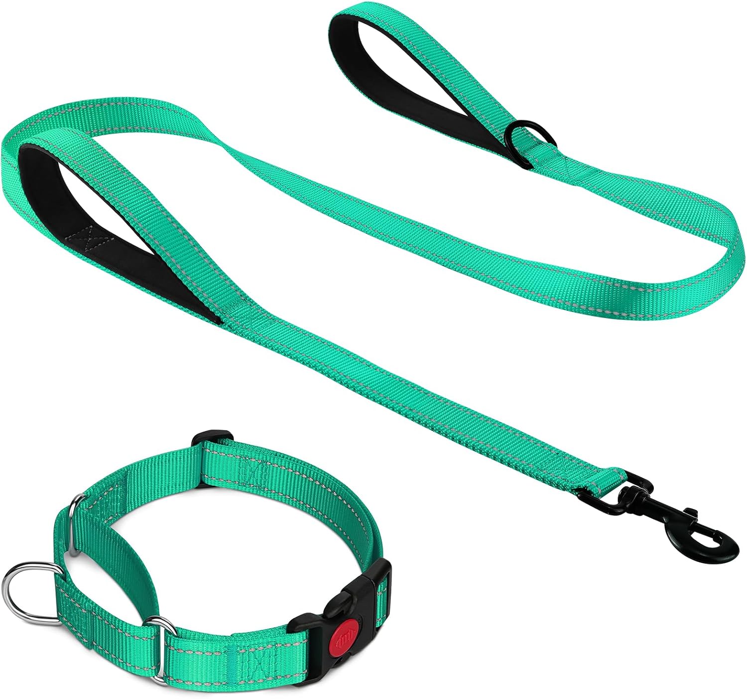 Martingale Dog Collar(12.5-16''), 6FT Double Handle Leash for Training, Teal - - Image 1