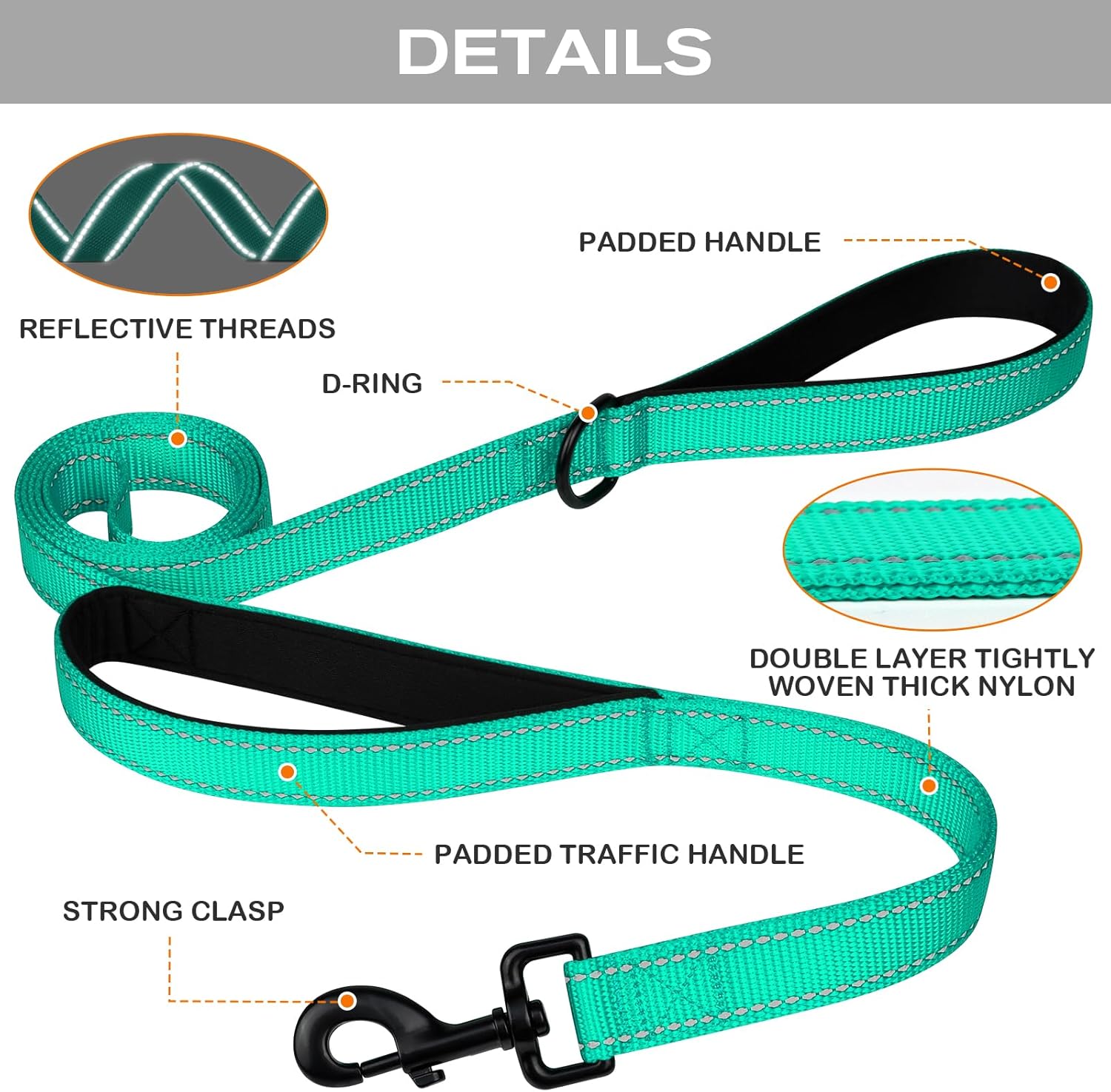 Martingale Dog Collar(12.5-16''), 6FT Double Handle Leash for Training, Teal - - Image 5