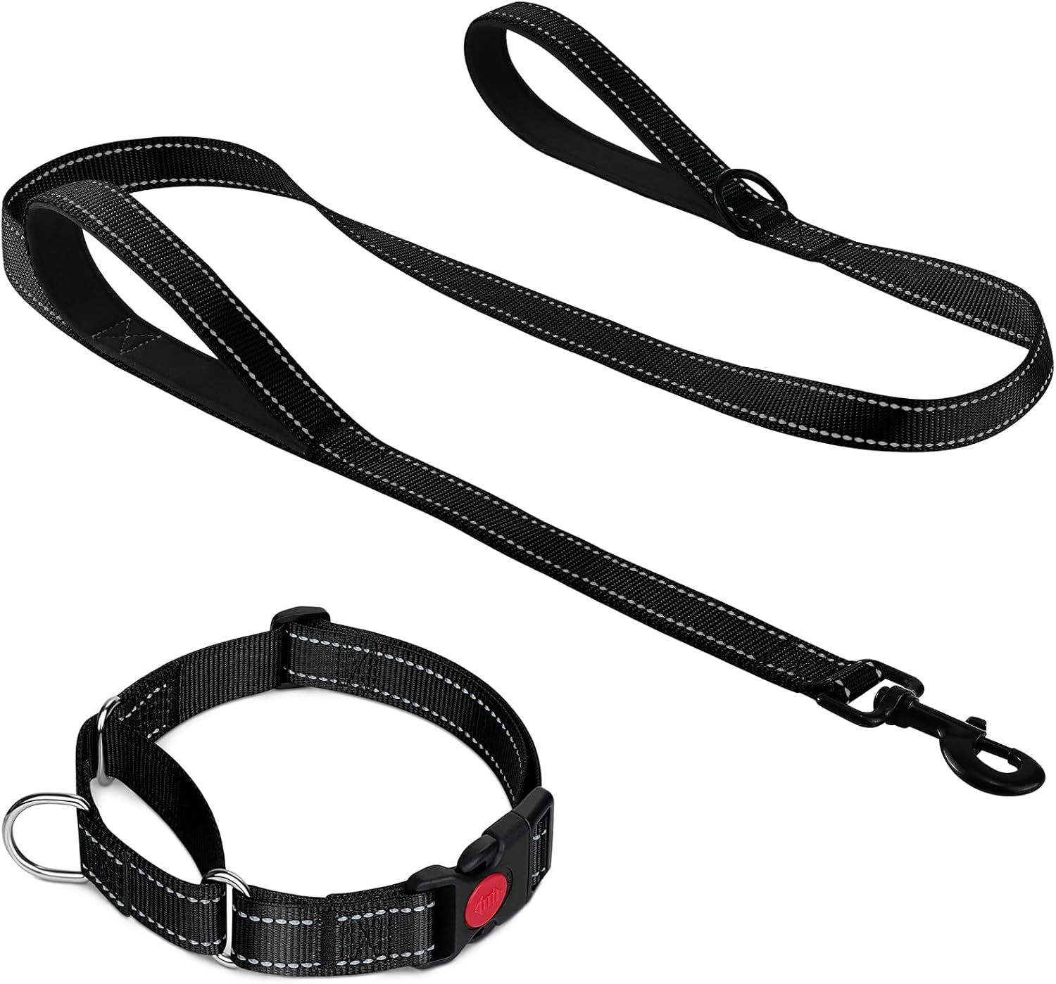 Martingale Dog Collar(12.5-16''), 6FT Double Handle Leash for Training, Black - - Image 1