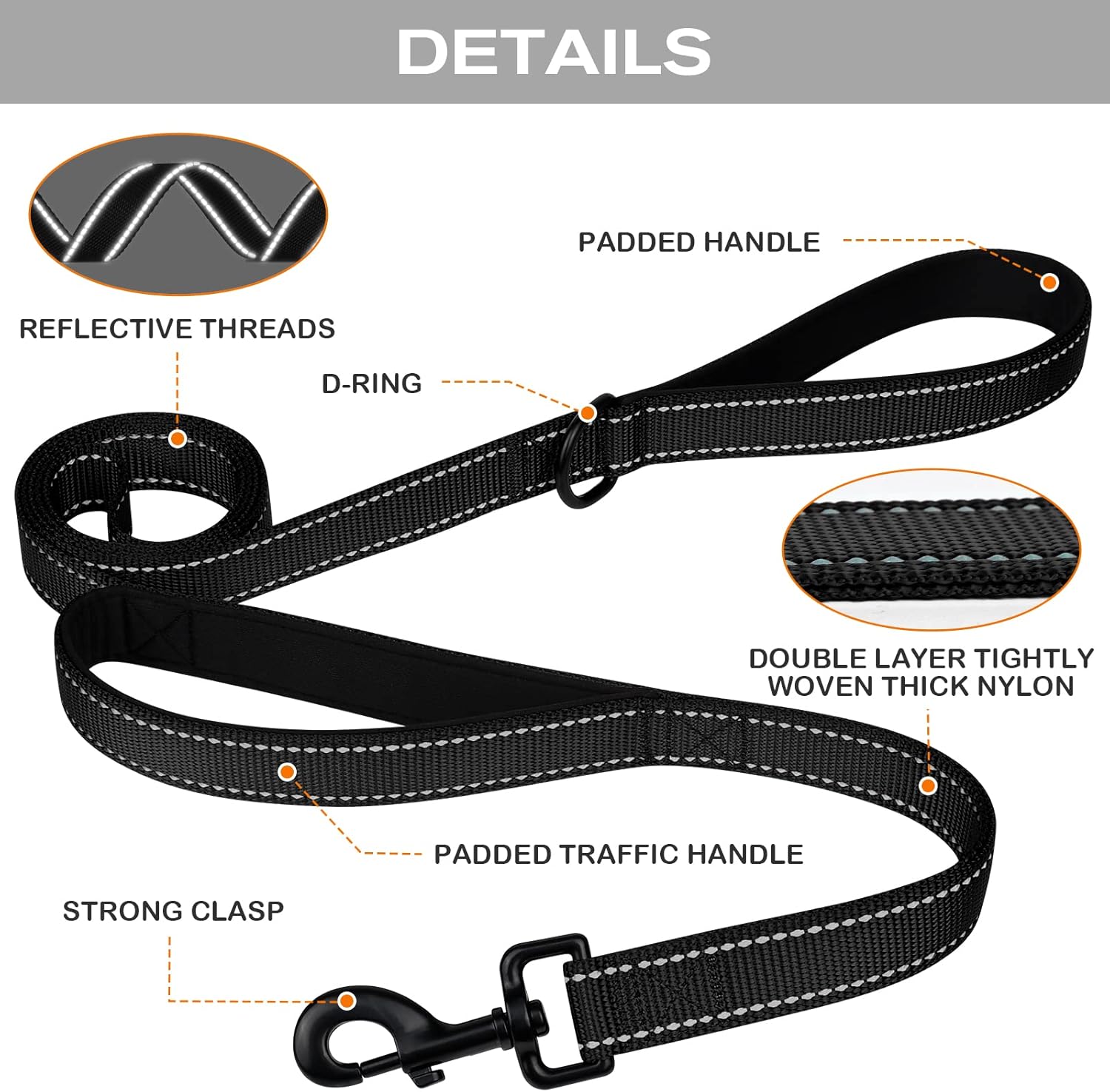Martingale Dog Collar(12.5-16''), 6FT Double Handle Leash for Training, Black - - Image 5