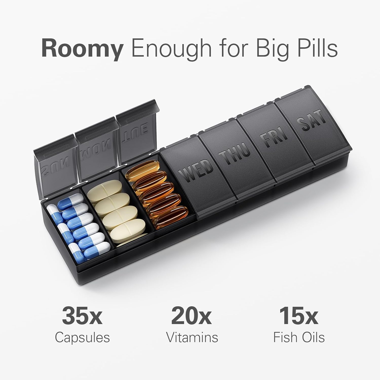 Pill Organizer Large, Weekly Medicine Organizers, 7 Day Pills Box Case Travel for Big Vitamin Supplements Fish Oil, Black - - Image 2