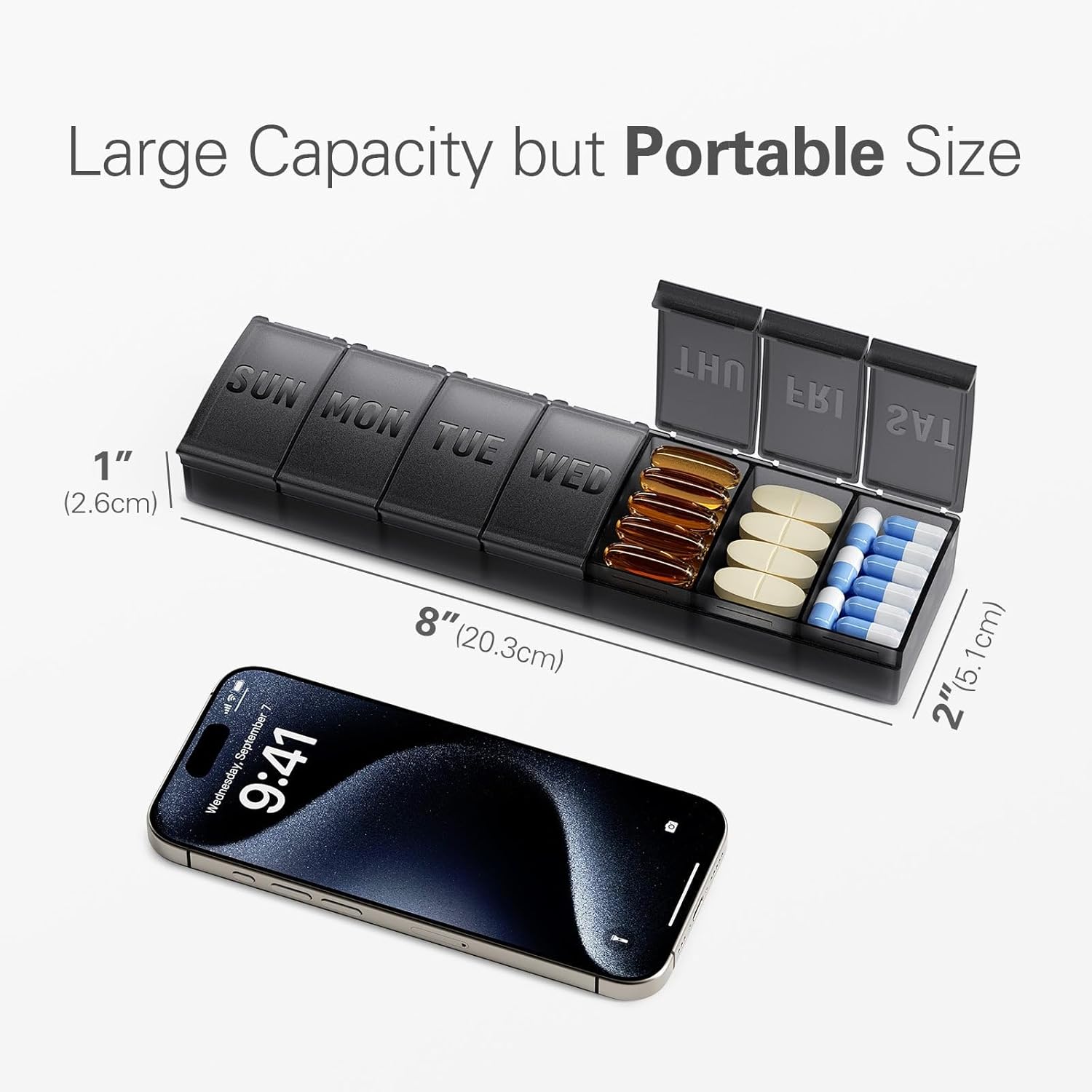 Pill Organizer Large, Weekly Medicine Organizers, 7 Day Pills Box Case Travel for Big Vitamin Supplements Fish Oil, Black - - Image 7