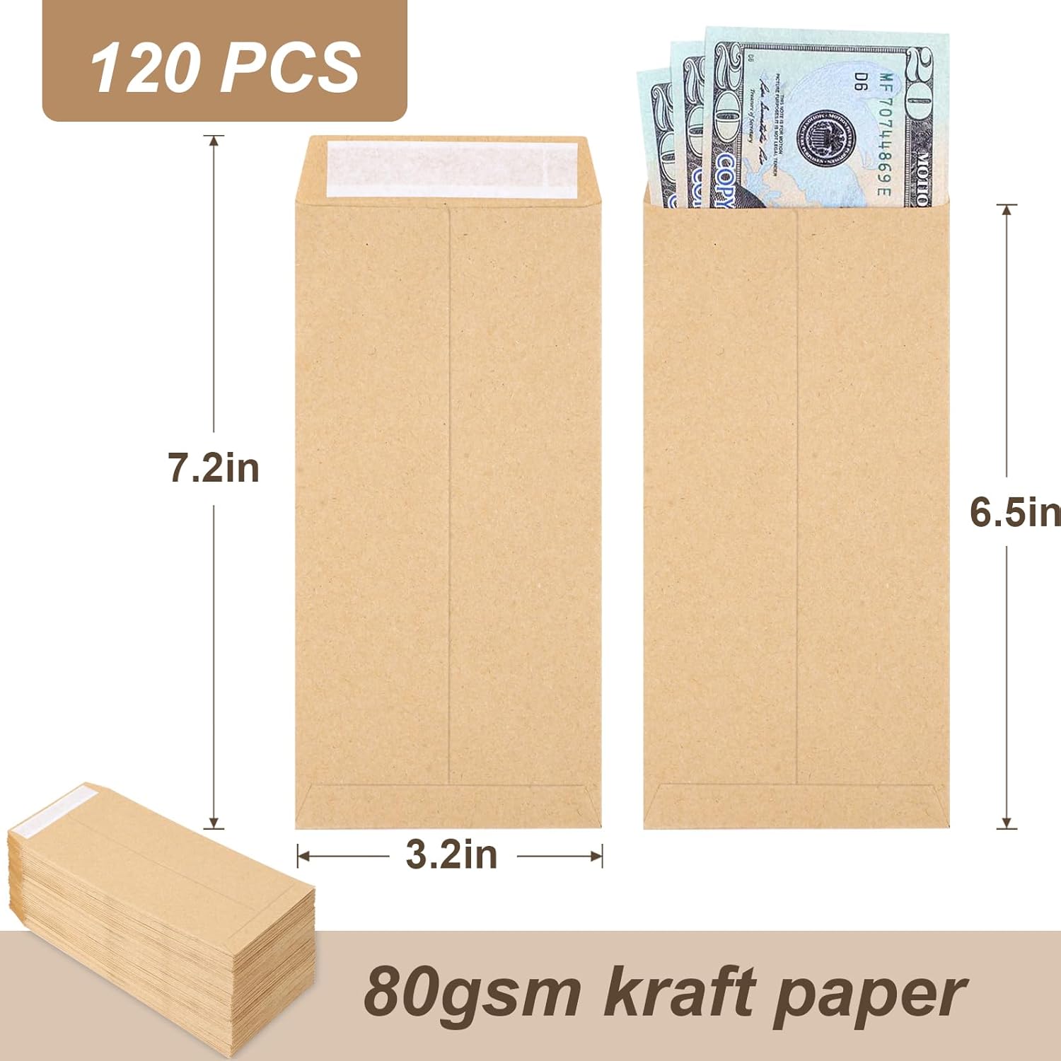 120 PCS Money Envelopes for Cash Kraft Paper, 6.5”x3.2” Small Self-Adhesive, Saving Challenge Coin Coin, Check, Budget, Item Organizer - 6.5