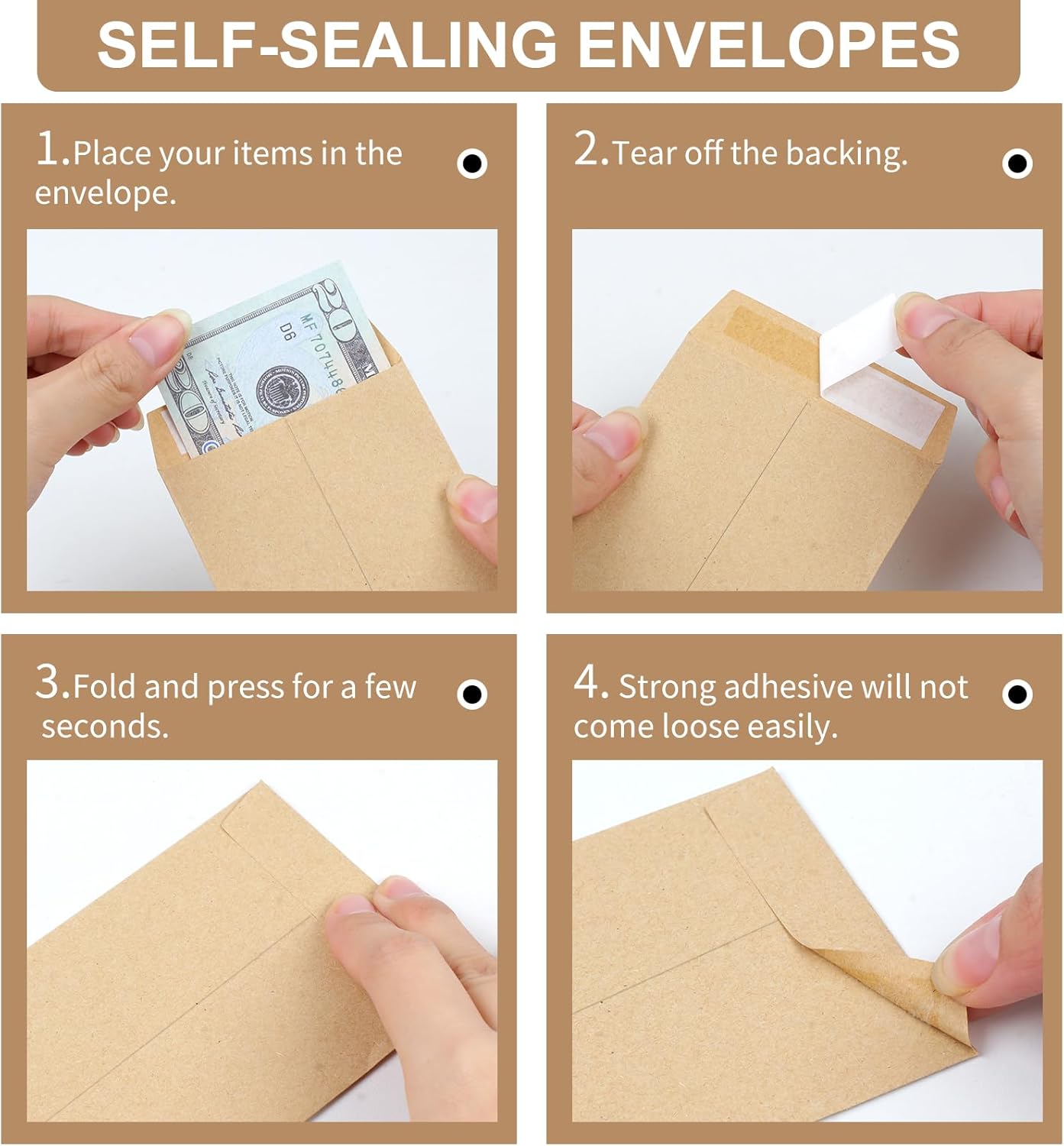 120 PCS Money Envelopes for Cash Kraft Paper, 6.5”x3.2” Small Self-Adhesive, Saving Challenge Coin Coin, Check, Budget, Item Organizer - 6.5