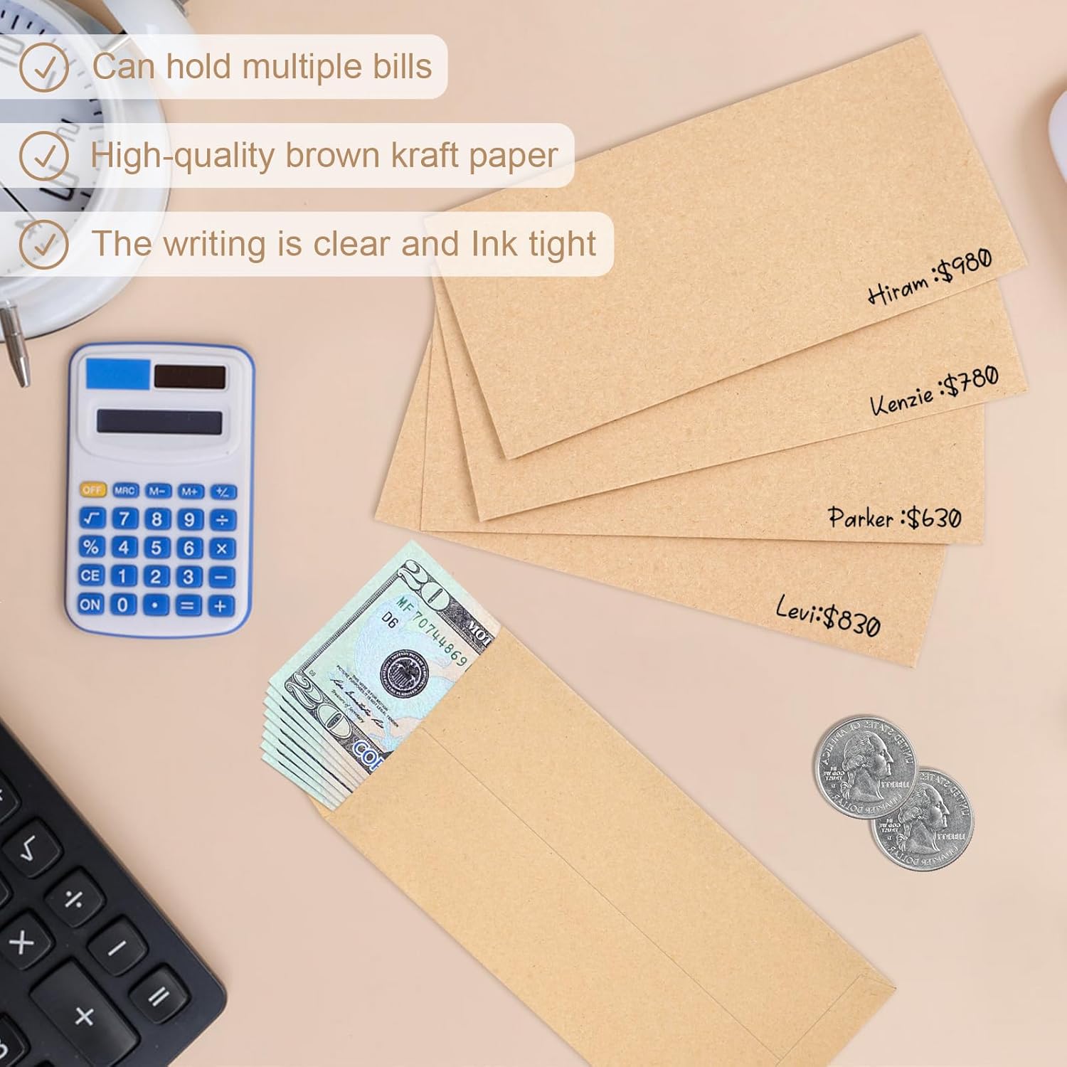 120 PCS Money Envelopes for Cash Kraft Paper, 6.5”x3.2” Small Self-Adhesive, Saving Challenge Coin Coin, Check, Budget, Item Organizer - 6.5
