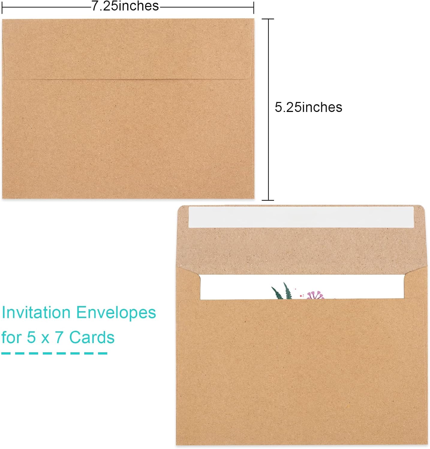 50 Pack Brown Kraft Envelopes, 5x7 Envelopes for Invitations, A7 Invitation Personalize Gift Cards, Wedding, Baby Shower, Birthday Party - (5.25x7.25in) - Image 2