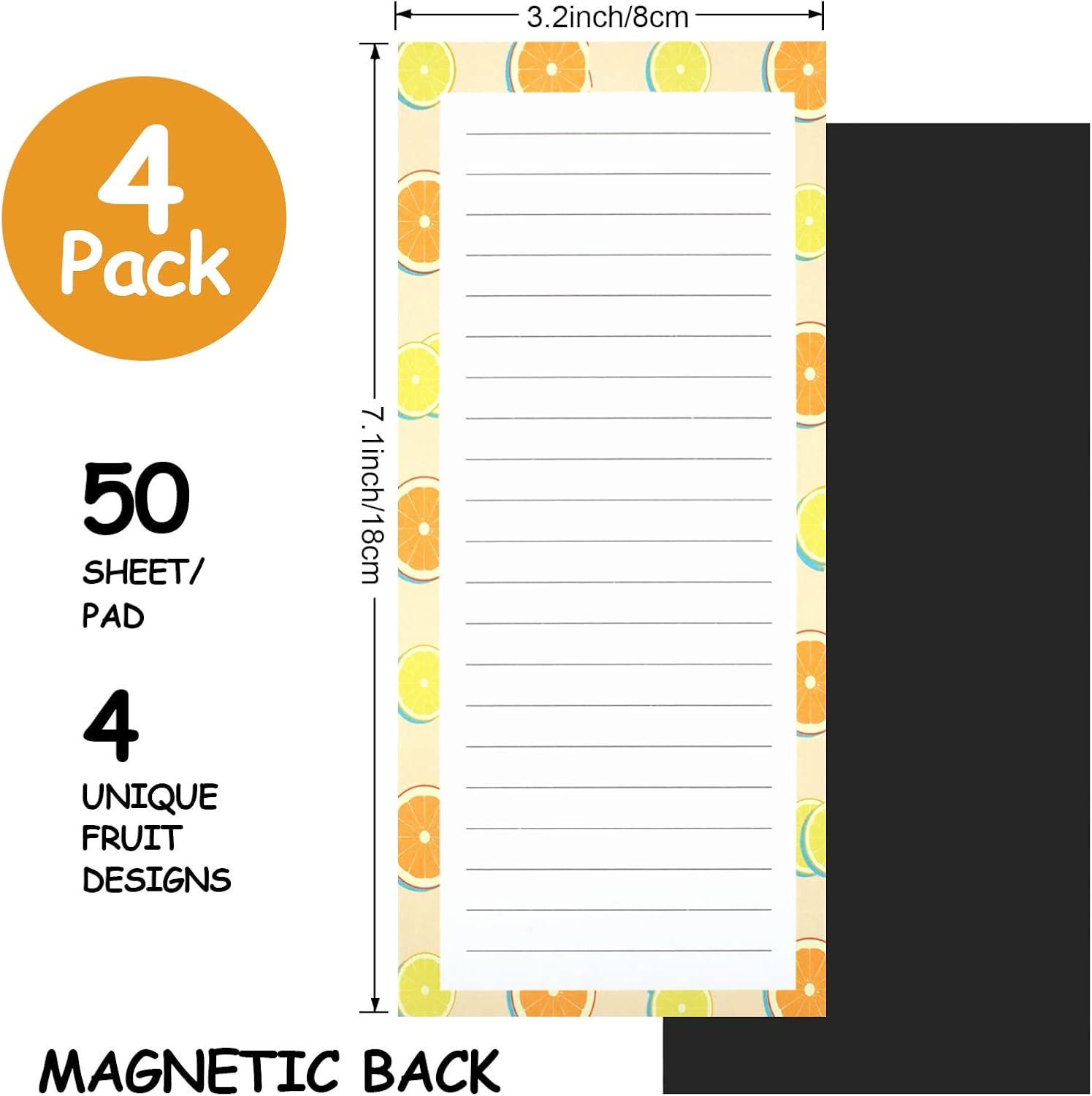 4 Pack Magnetic Notepads for Refrigerator, Grocery List Magnet Pad Fridge, Fruit Design Full Back Shopping Lists, 50 Sheets Per Note Pads - - Image 2