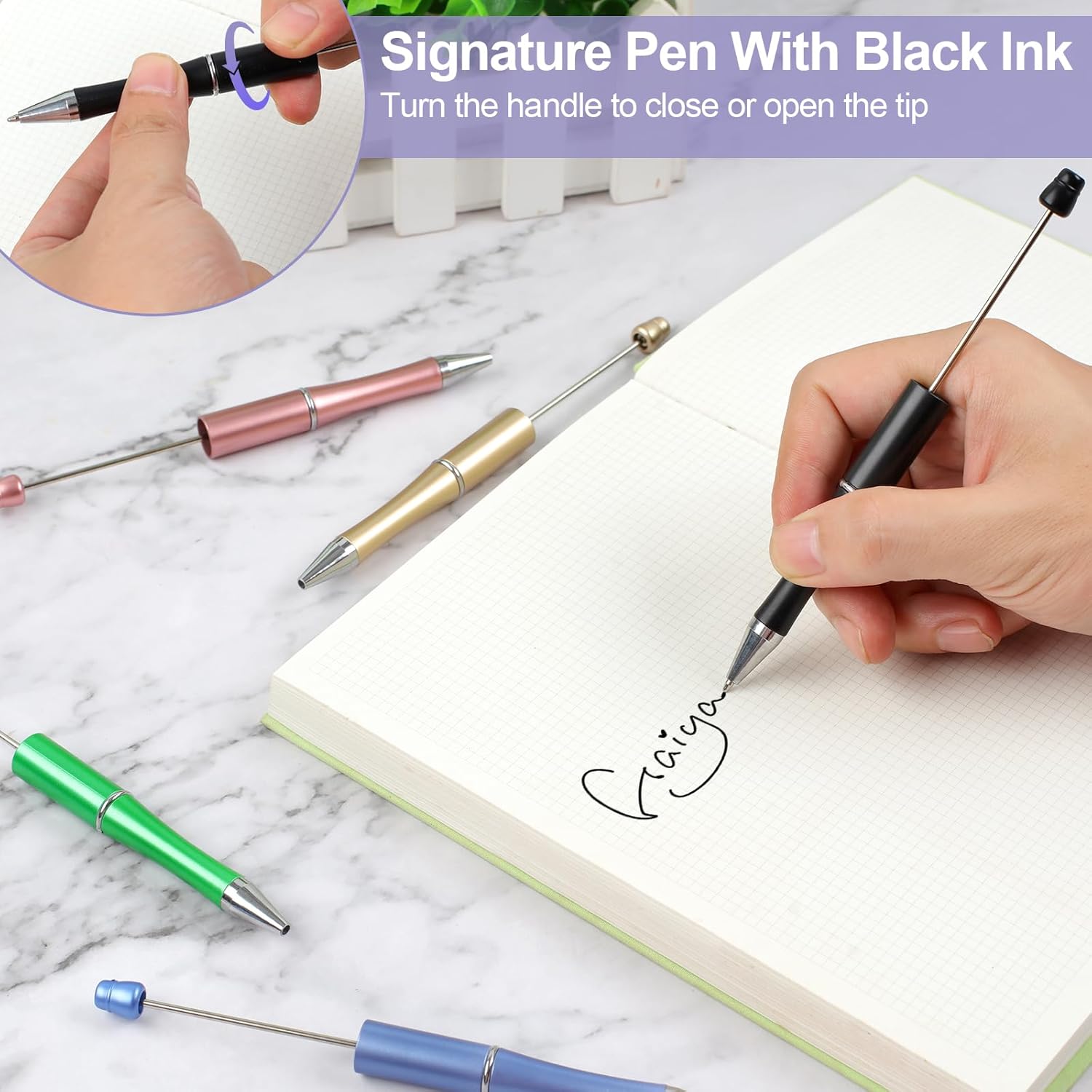 15 PCS Beadable Pens, Pens Bulk Colored Plastic, Black Ink Beaded Creative Diy Pen, Bend for Make Gifts Children and Students, Office School Supplies - - Image 4