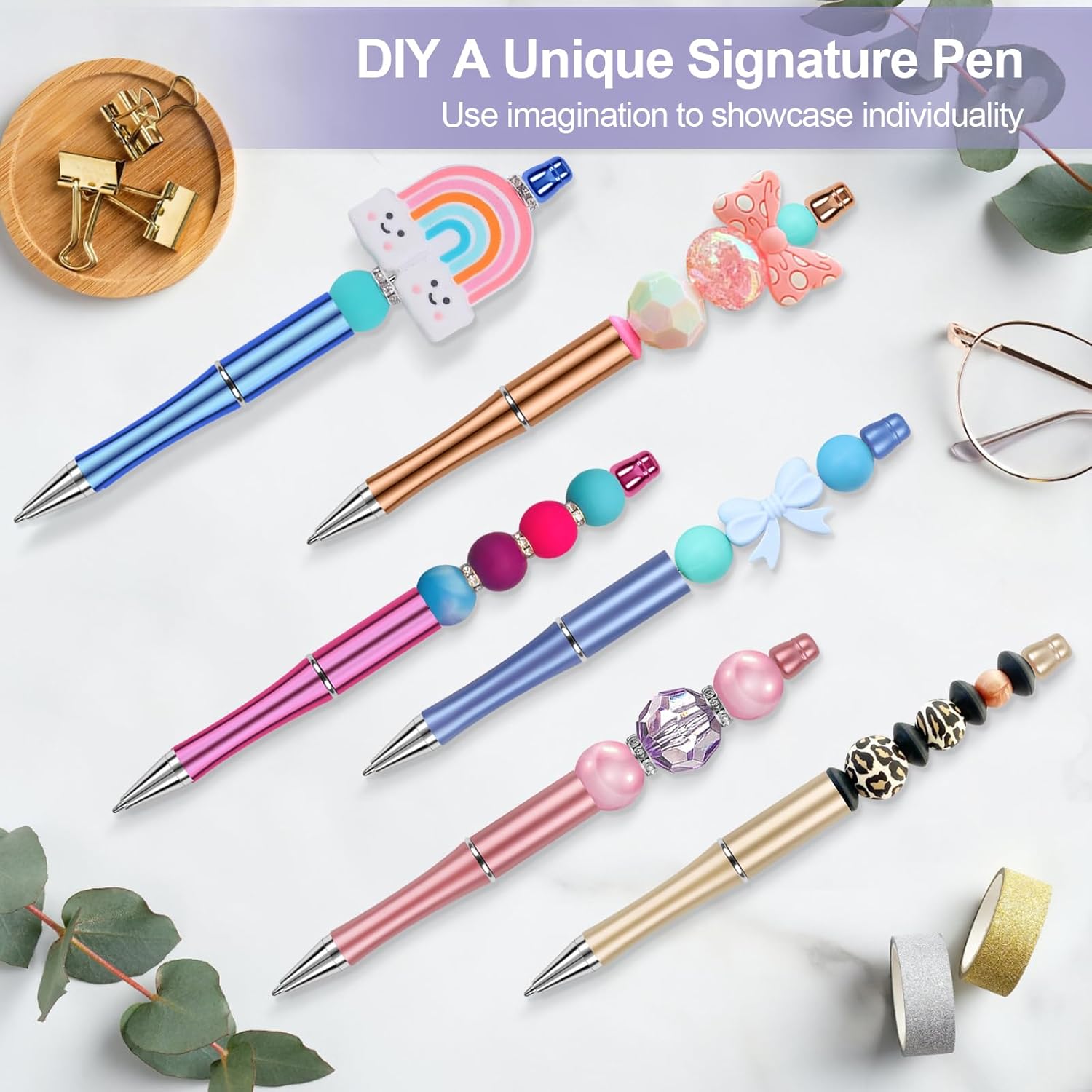 15 PCS Beadable Pens, Pens Bulk Colored Plastic, Black Ink Beaded Creative Diy Pen, Bend for Make Gifts Children and Students, Office School Supplies - - Image 6