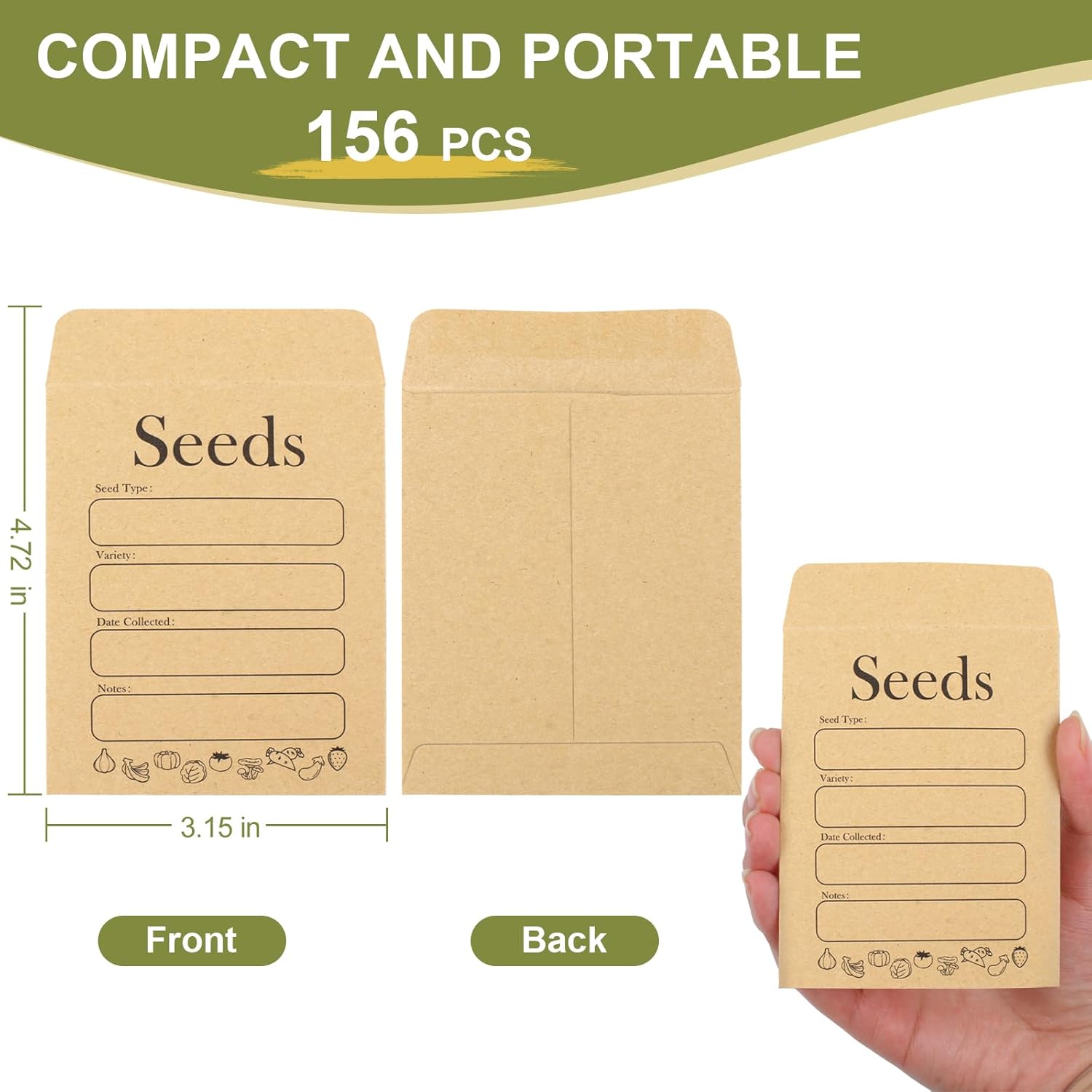156 PCS Seed Envelopes 3.15”x 4.72”, Packets Kraft Seeds Saving Envelope, Self Sealing Storage Mini Envelope for Flower Vegetable - - Image 2