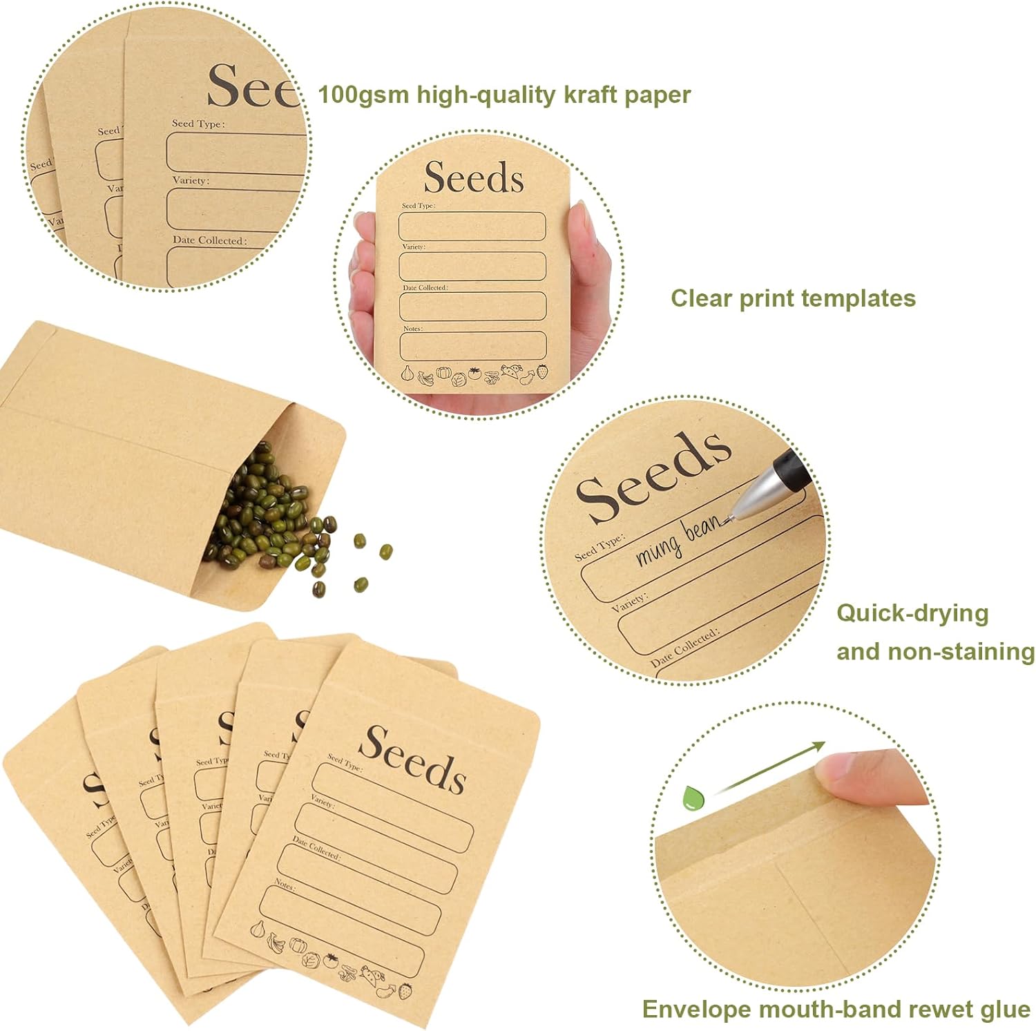 156 PCS Seed Envelopes 3.15”x 4.72”, Packets Kraft Seeds Saving Envelope, Self Sealing Storage Mini Envelope for Flower Vegetable - - Image 3