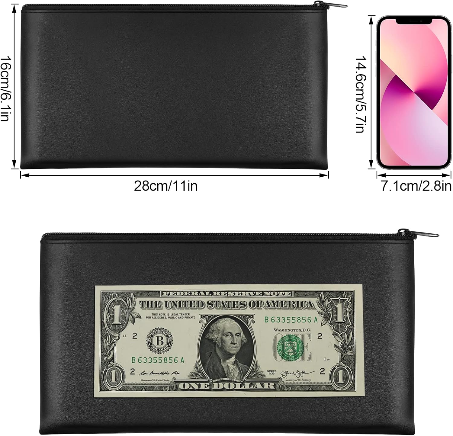 2 Pieces Money Bag,11x6.1 Inch Bags With Zipper for Cash, Bank Bag, Pouch, Holder Coins, Cosmetics, Bills, Tool 1 Black & Blue - - Image 2