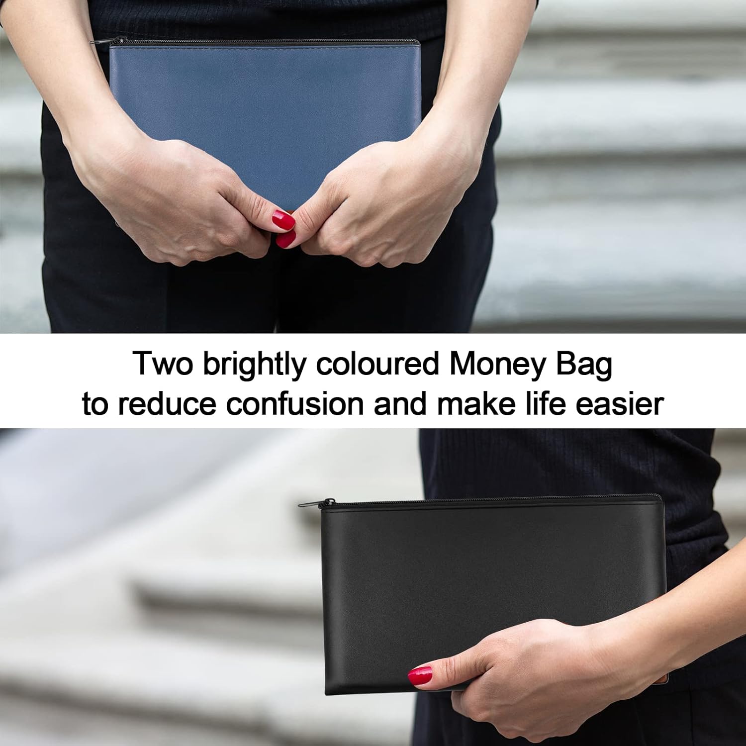 2 Pieces Money Bag,11x6.1 Inch Bags With Zipper for Cash, Bank Bag, Pouch, Holder Coins, Cosmetics, Bills, Tool 1 Black & Blue - - Image 3