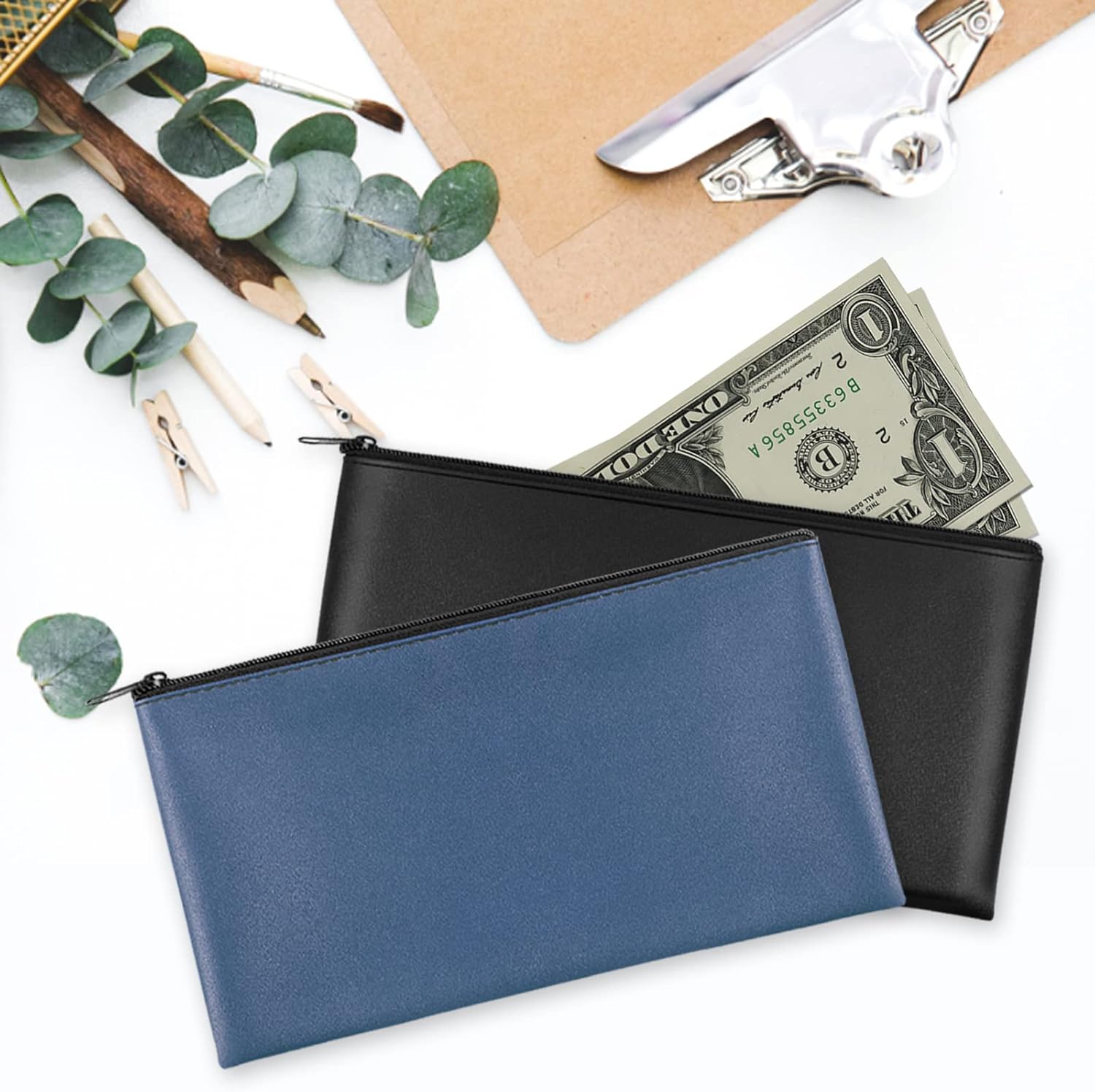 2 Pieces Money Bag,11x6.1 Inch Bags With Zipper for Cash, Bank Bag, Pouch, Holder Coins, Cosmetics, Bills, Tool 1 Black & Blue - - Image 5