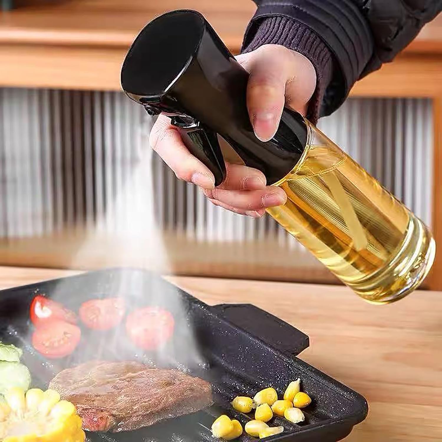 Oil Sprayer for Cooking- 200ml Glass Olive Mister, Spray Bottle, Kitchen Gadgets Accessories Air Fryer, Canola Spritzer, Widely Used Salad Making, Baking, Frying,BBQ Black - - Image 1