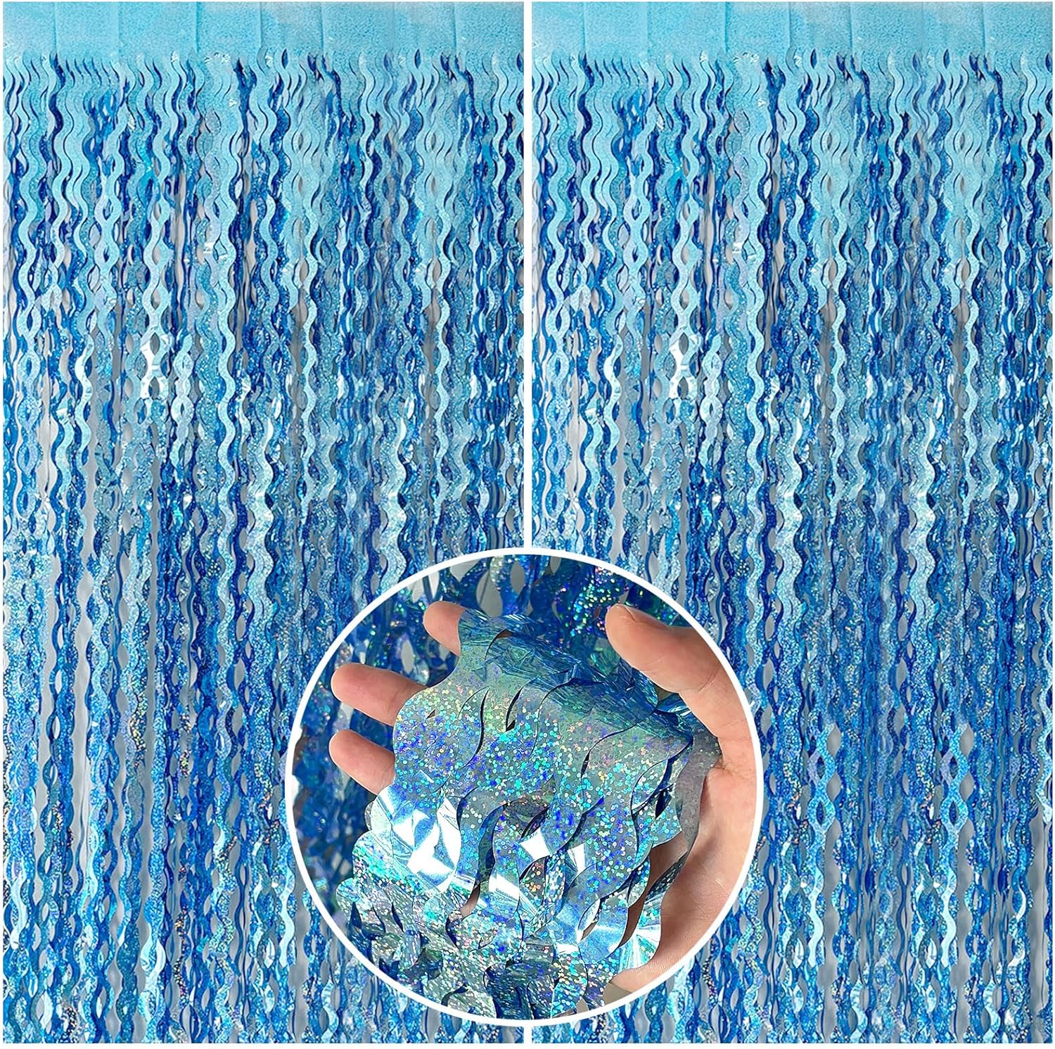 Tinsel Foil Fringe Curtains Wavy Backdrop for Parties Sparkle Metallic Curtain Party Decorations Photo Booth Props Birthday Graduation Wedding Light Blue 2 Pack - Image 1
