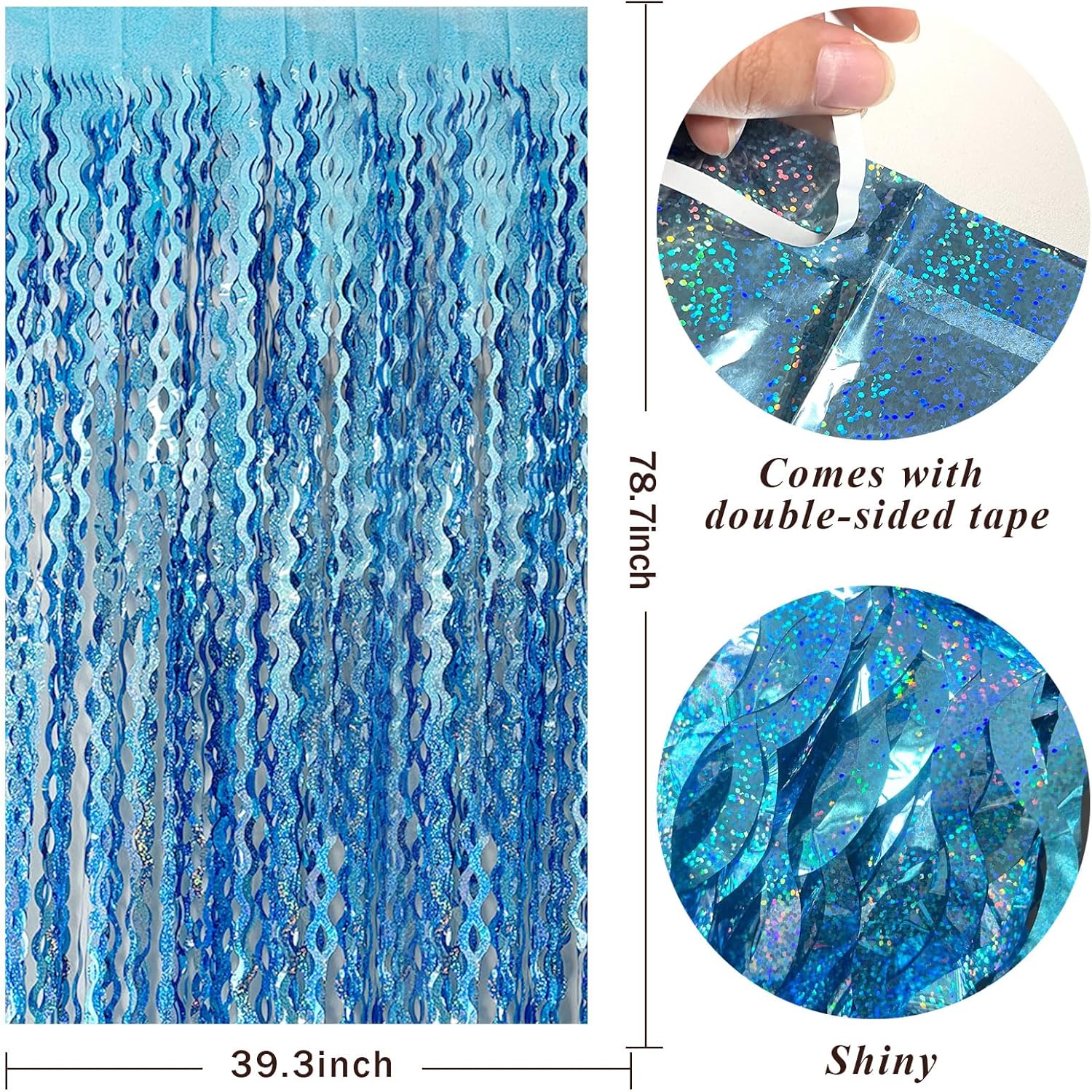 Tinsel Foil Fringe Curtains Wavy Backdrop for Parties Sparkle Metallic Curtain Party Decorations Photo Booth Props Birthday Graduation Wedding Light Blue 2 Pack - Image 2