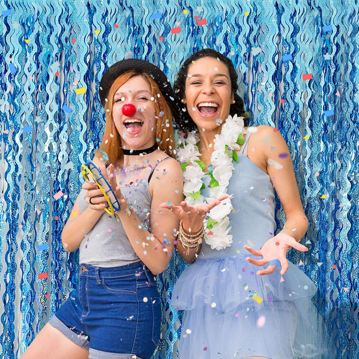 Tinsel Foil Fringe Curtains Wavy Backdrop for Parties Sparkle Metallic Curtain Party Decorations Photo Booth Props Birthday Graduation Wedding Light Blue 2 Pack - Image 3