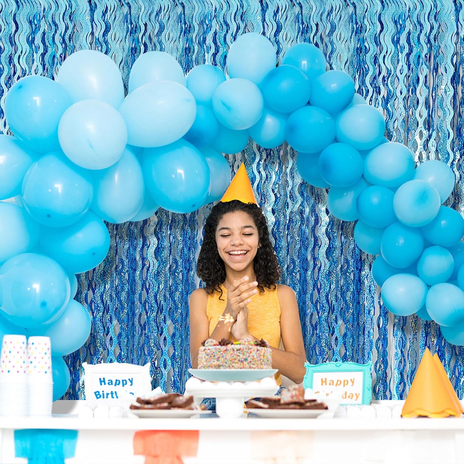Tinsel Foil Fringe Curtains Wavy Backdrop for Parties Sparkle Metallic Curtain Party Decorations Photo Booth Props Birthday Graduation Wedding Light Blue 2 Pack - Image 7