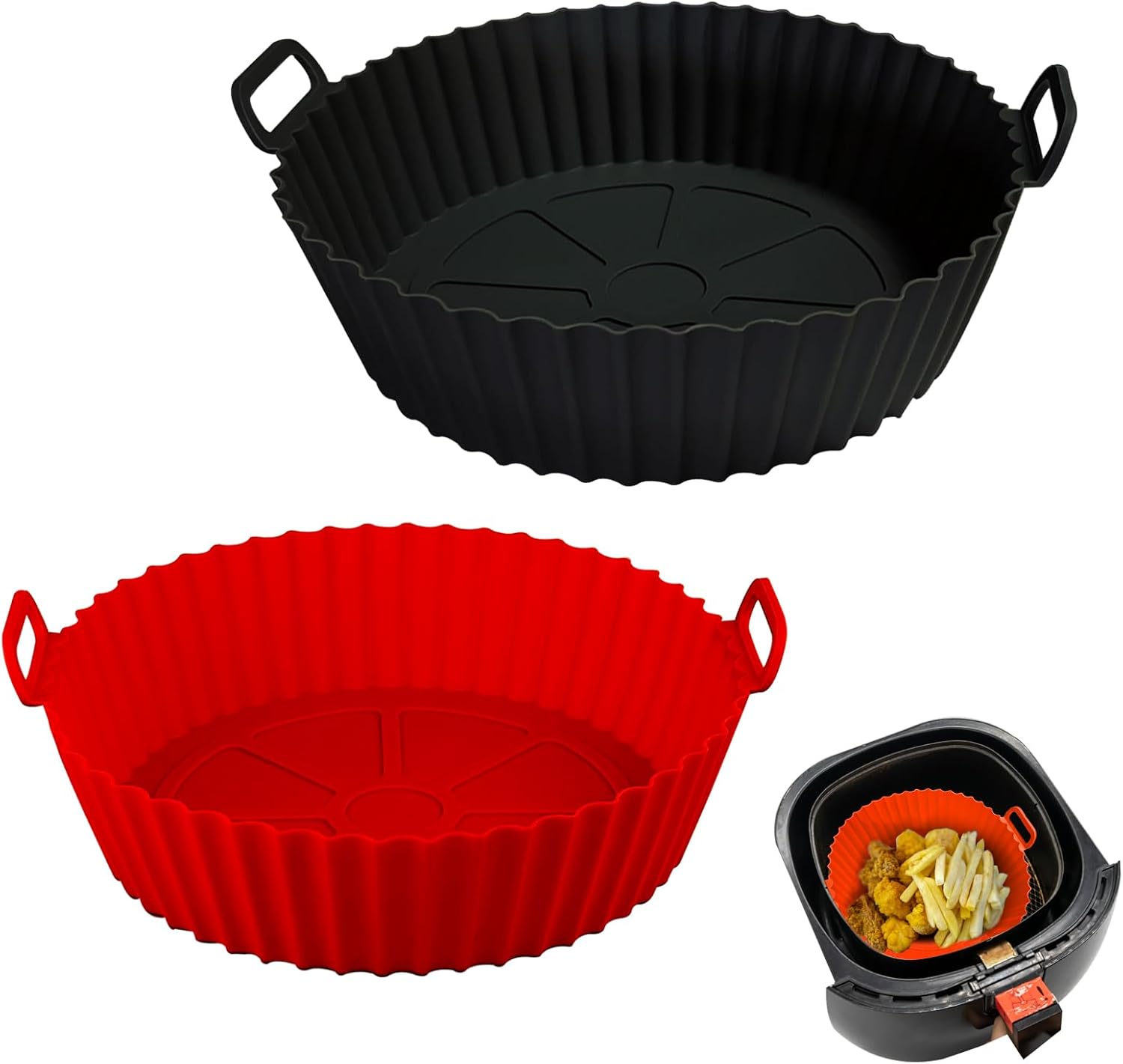 Air Fryer Silicone Liners Pot,8 inch Basket Liners, Baking Tray Pots for 3 to 5 Qt fryer Oven Reusable Accessories (Red+Black) - - Image 1