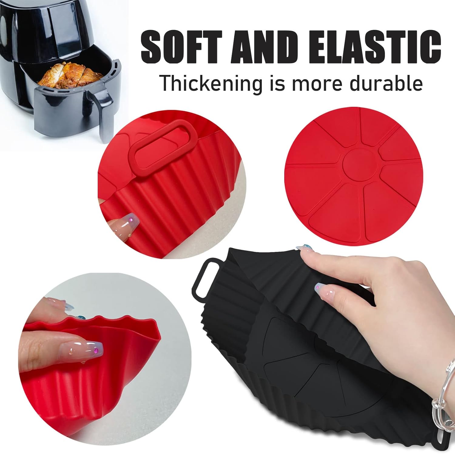 Air Fryer Silicone Liners Pot,8 inch Basket Liners, Baking Tray Pots for 3 to 5 Qt fryer Oven Reusable Accessories (Red+Black) - - Image 3