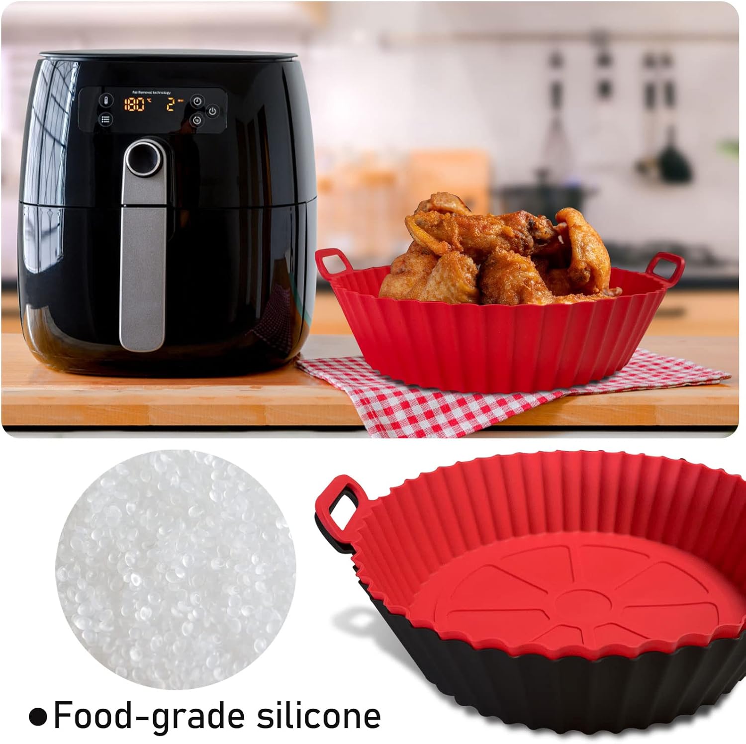Air Fryer Silicone Liners Pot,8 inch Basket Liners, Baking Tray Pots for 3 to 5 Qt fryer Oven Reusable Accessories (Red+Black) - - Image 4