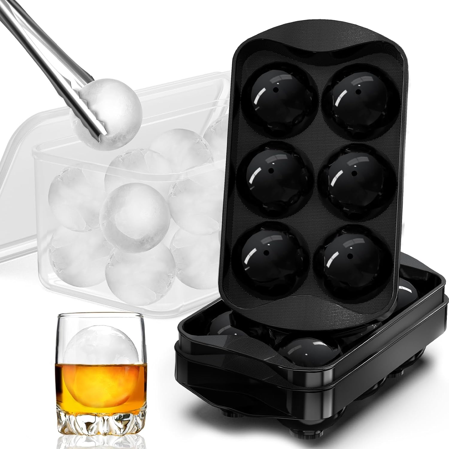 Whiskey Ice Cubes Mold 2 Pack - Round Cube & Ball Maker Set with Storage Bin, Trays Lid, Tongs for Bourbon Cocktails, Gifts Lover - Image 1