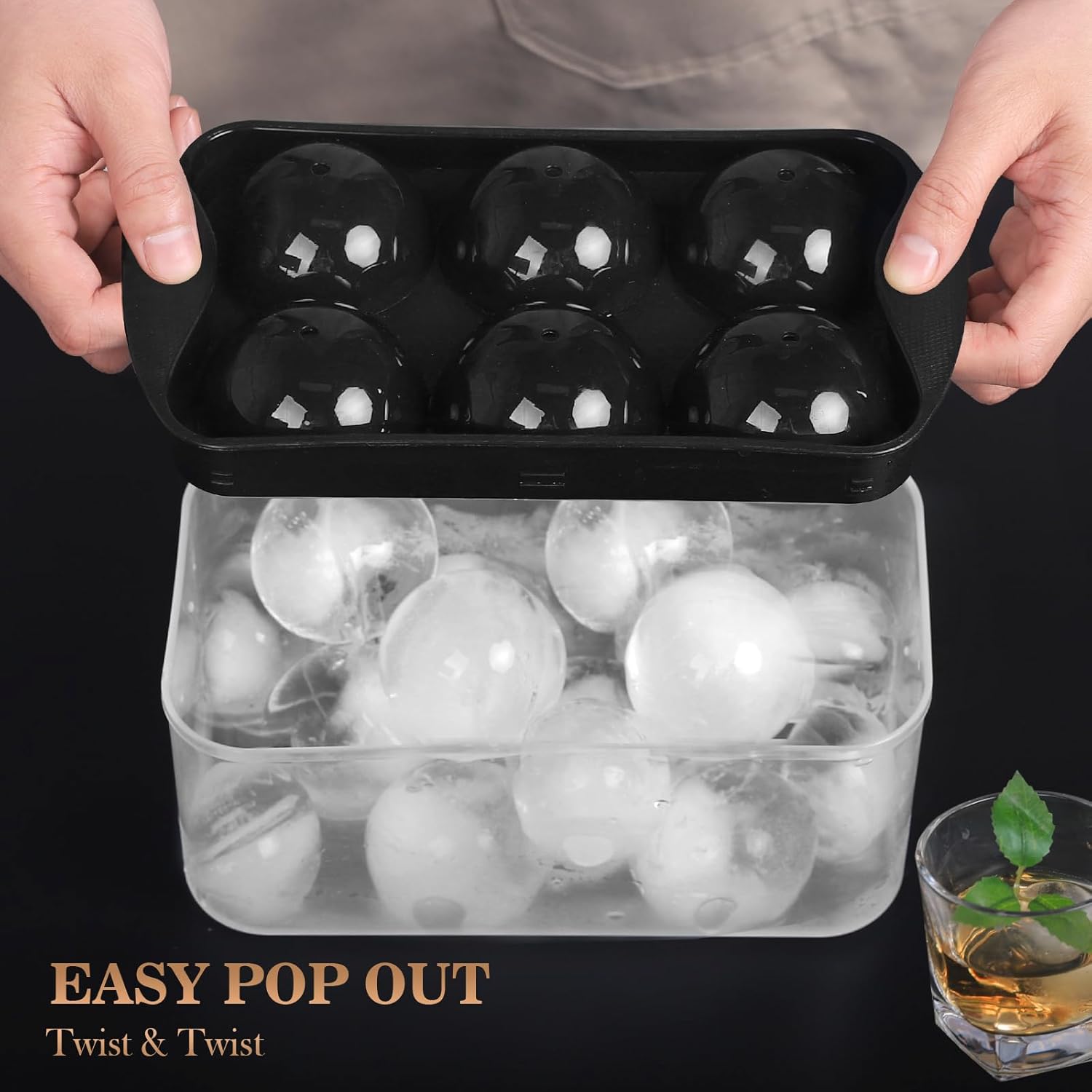 Whiskey Ice Cubes Mold 2 Pack - Round Cube & Ball Maker Set with Storage Bin, Trays Lid, Tongs for Bourbon Cocktails, Gifts Lover - Image 2