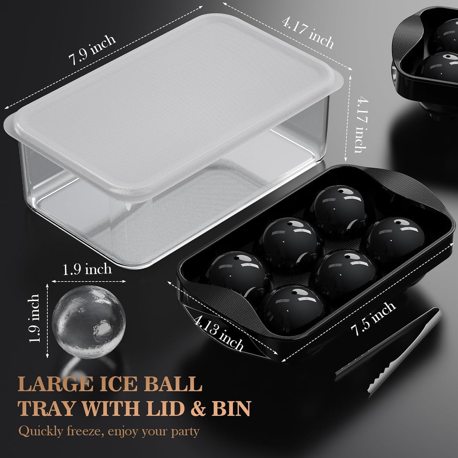 Whiskey Ice Cubes Mold 2 Pack - Round Cube & Ball Maker Set with Storage Bin, Trays Lid, Tongs for Bourbon Cocktails, Gifts Lover - Image 5
