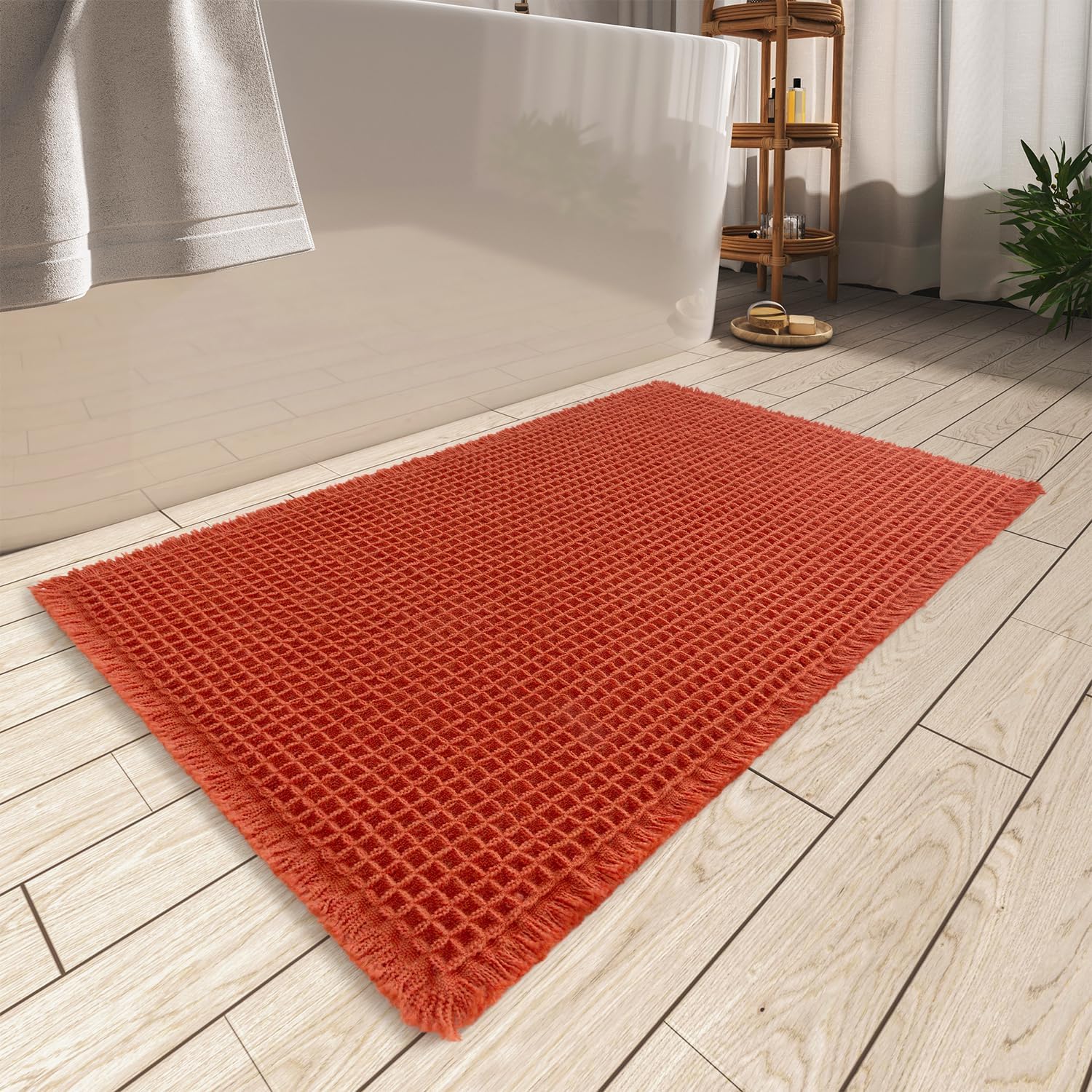 Upgraded Waffle Bath Mat, Super Absorbent Non Slip Mats for Bathroom Floor, Machine Washable Rugs with Tassels, Rubber Backed Mats, Ultra Soft, 18