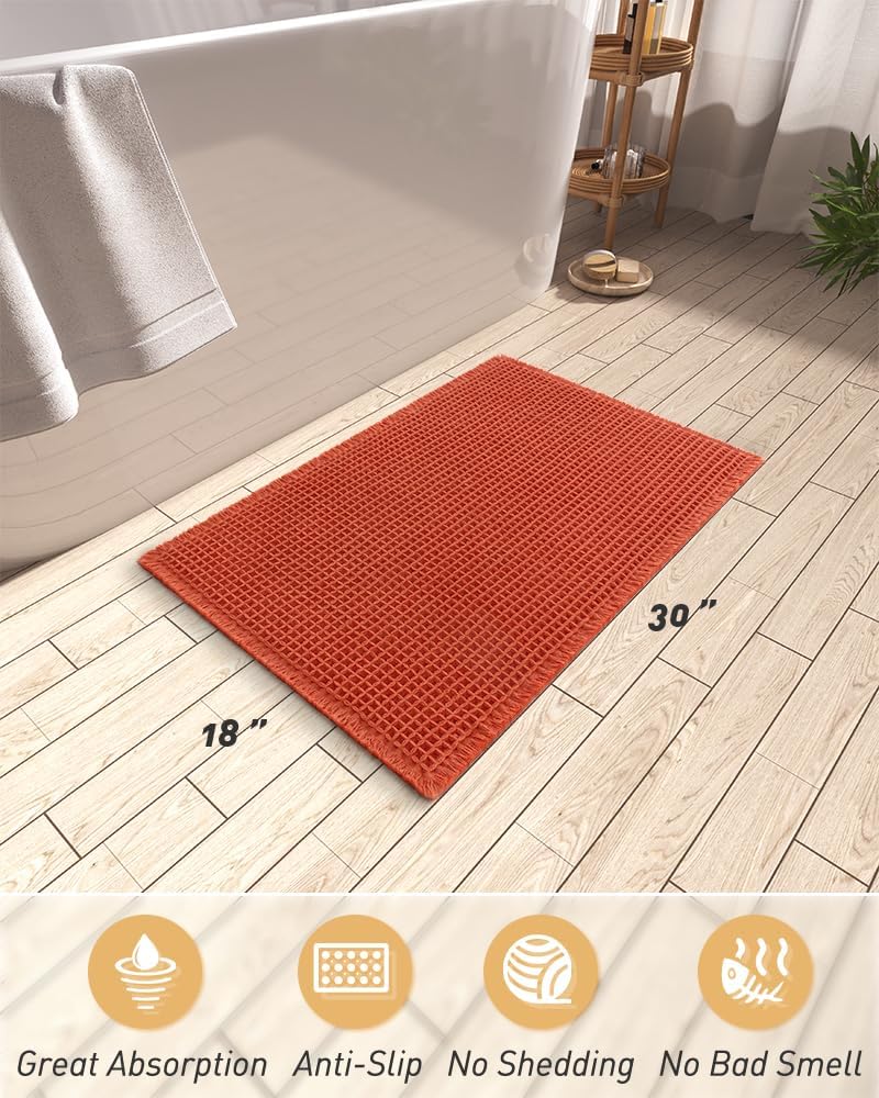 Upgraded Waffle Bath Mat, Super Absorbent Non Slip Mats for Bathroom Floor, Machine Washable Rugs with Tassels, Rubber Backed Mats, Ultra Soft, 18