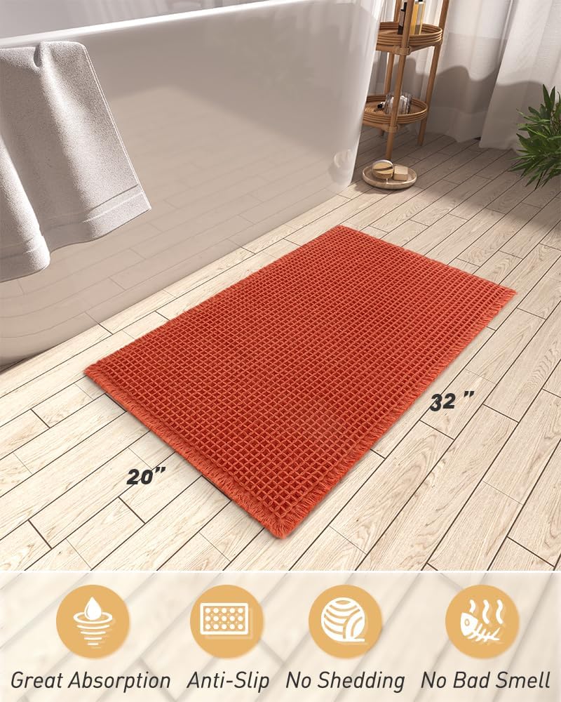 Upgraded Waffle Bath Mat, Super Absorbent Non Slip Mats for Bathroom Floor, Machine Washable Rugs with Tassels, Rubber Backed Mats, Ultra Soft, 20