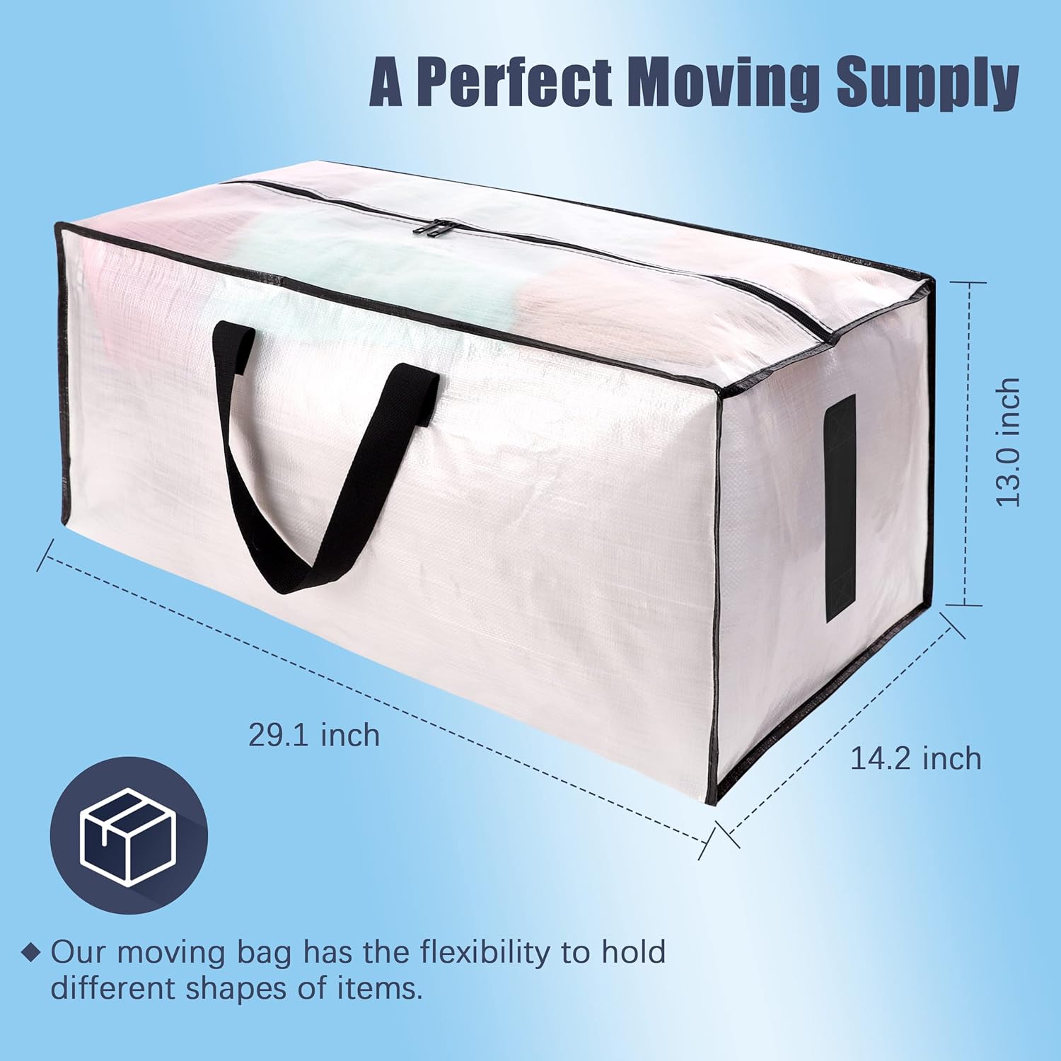 8 Pack Large Strong Moving Bags with Zippers & Carrying Handles - Water-Resistant Heavy Duty Storage Tote for Space Saving, Fold Flat, Alternative to Box (Semi-Transparent) Semi-Transparent Pack-24gal - Image 2