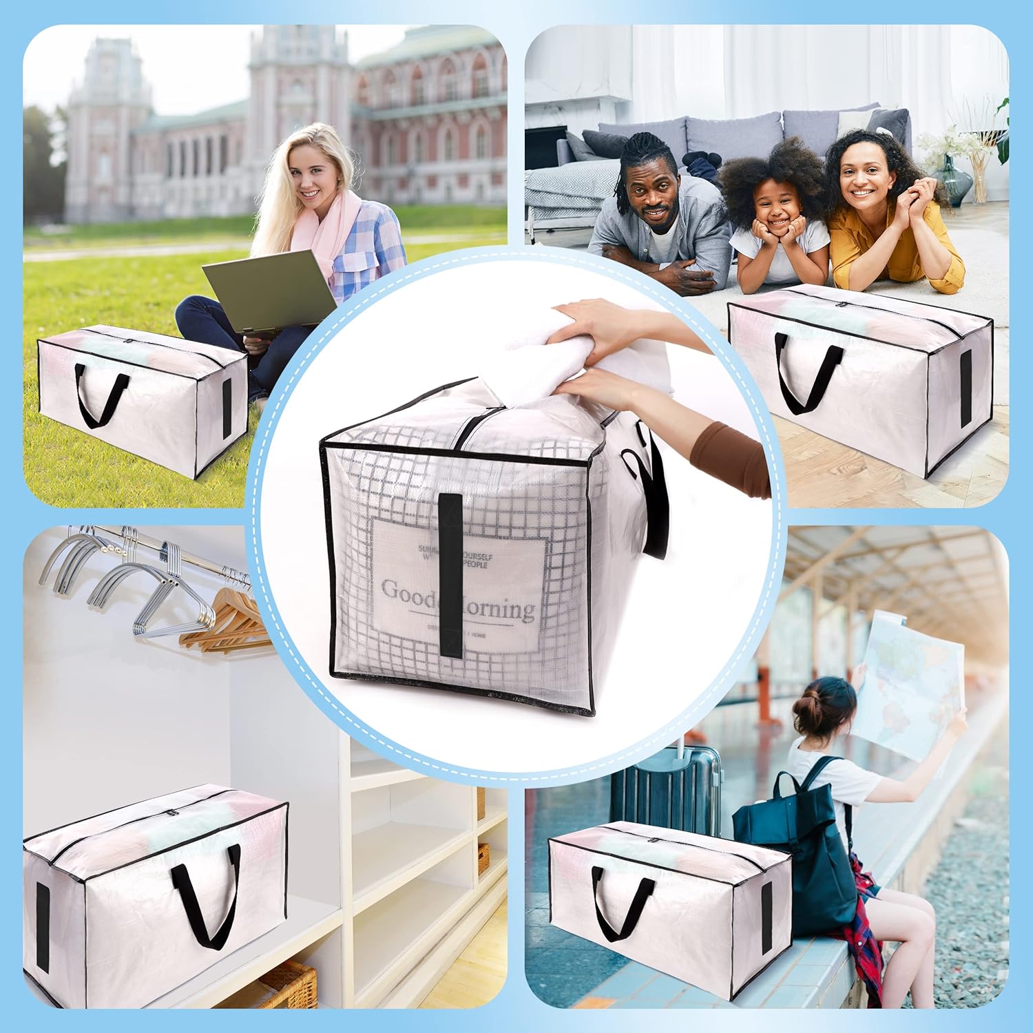 8 Pack Large Strong Moving Bags with Zippers & Carrying Handles - Water-Resistant Heavy Duty Storage Tote for Space Saving, Fold Flat, Alternative to Box (Semi-Transparent) Semi-Transparent Pack-24gal - Image 6